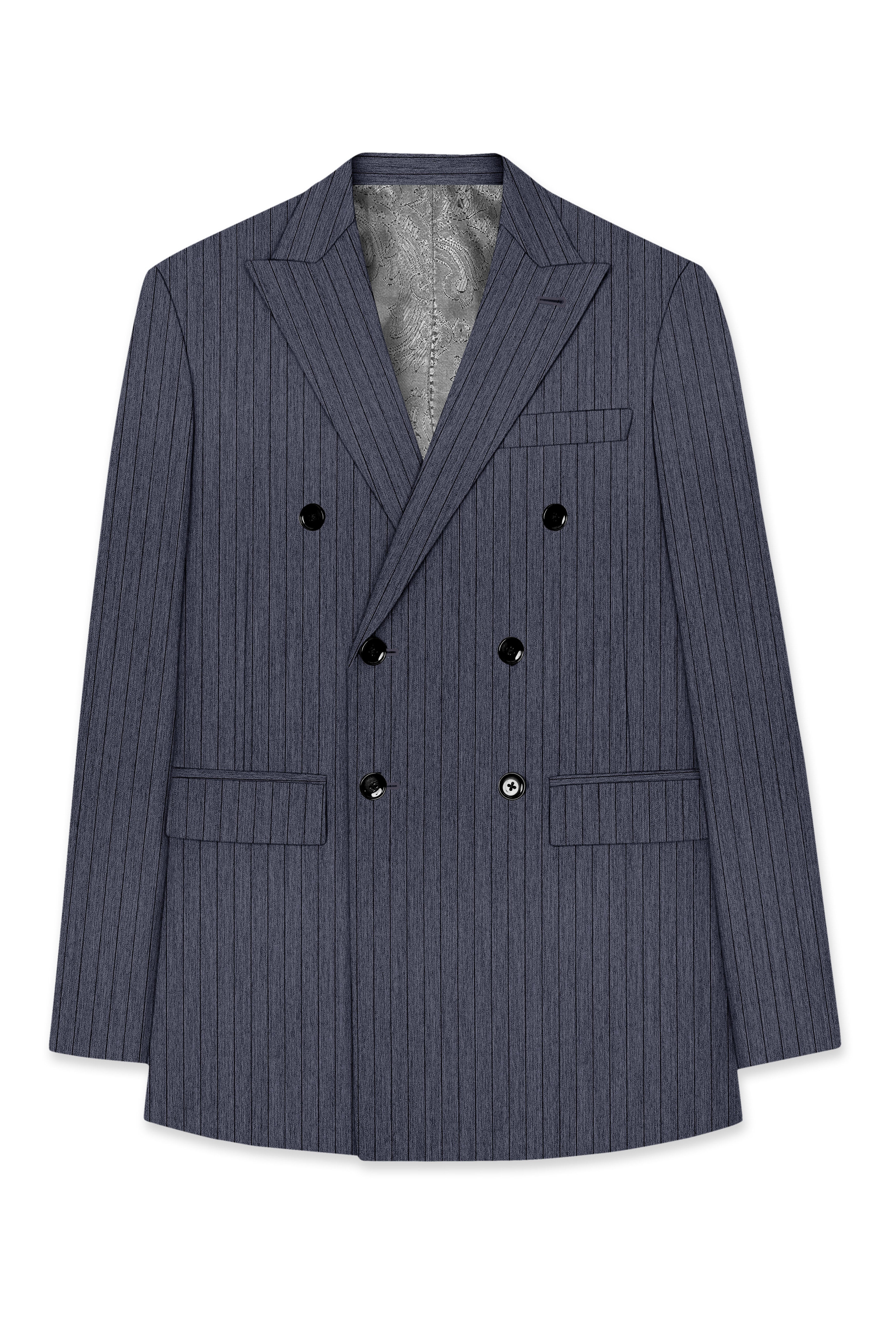 Azurion-Ninja Blue Pin Striped Wool Rich Slight Stretch Double Breasted Suit