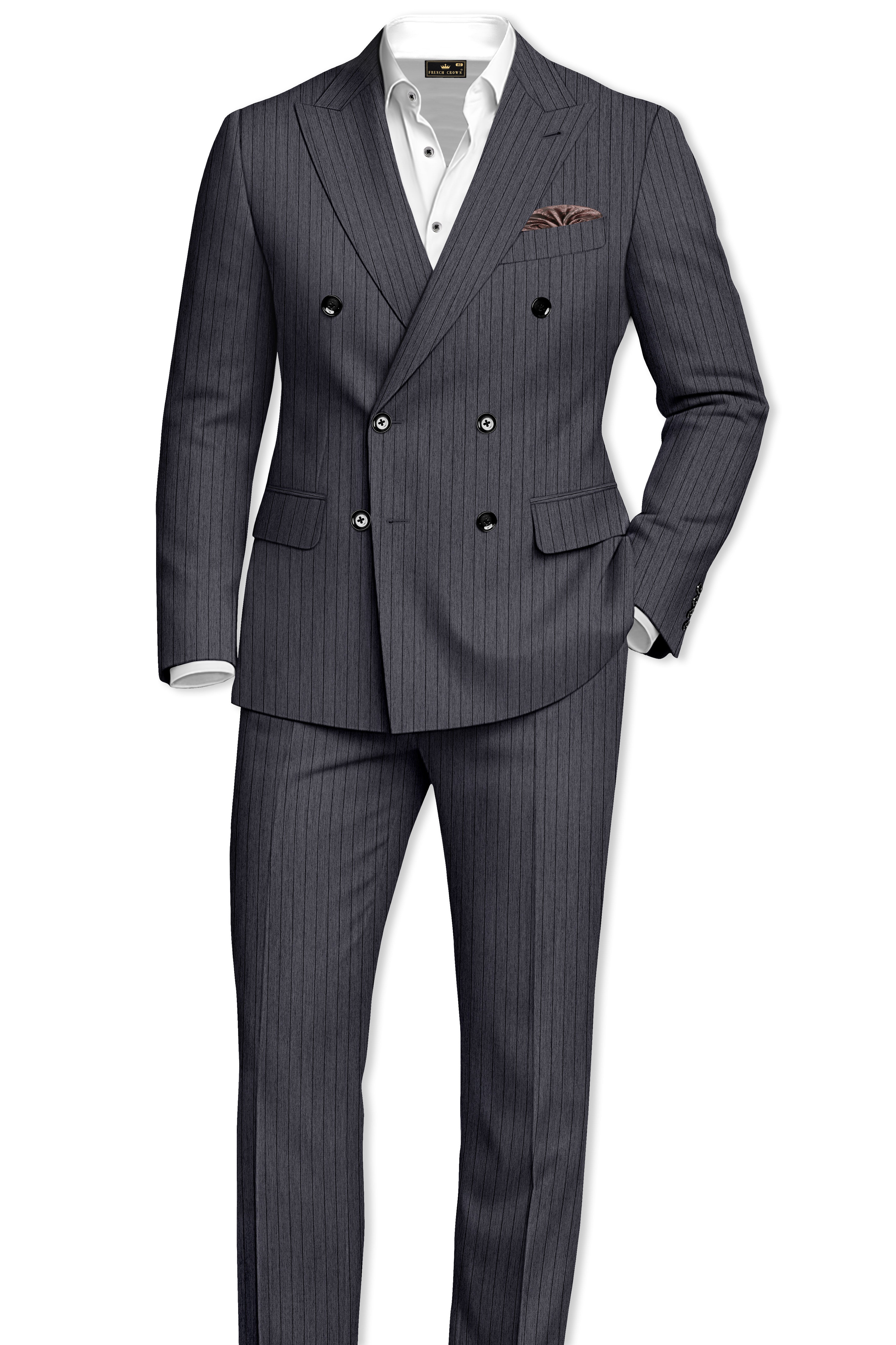 Noctaro-Vampire Gray Pin Striped Wool Rich Slight Stretch Double Breasted Suit