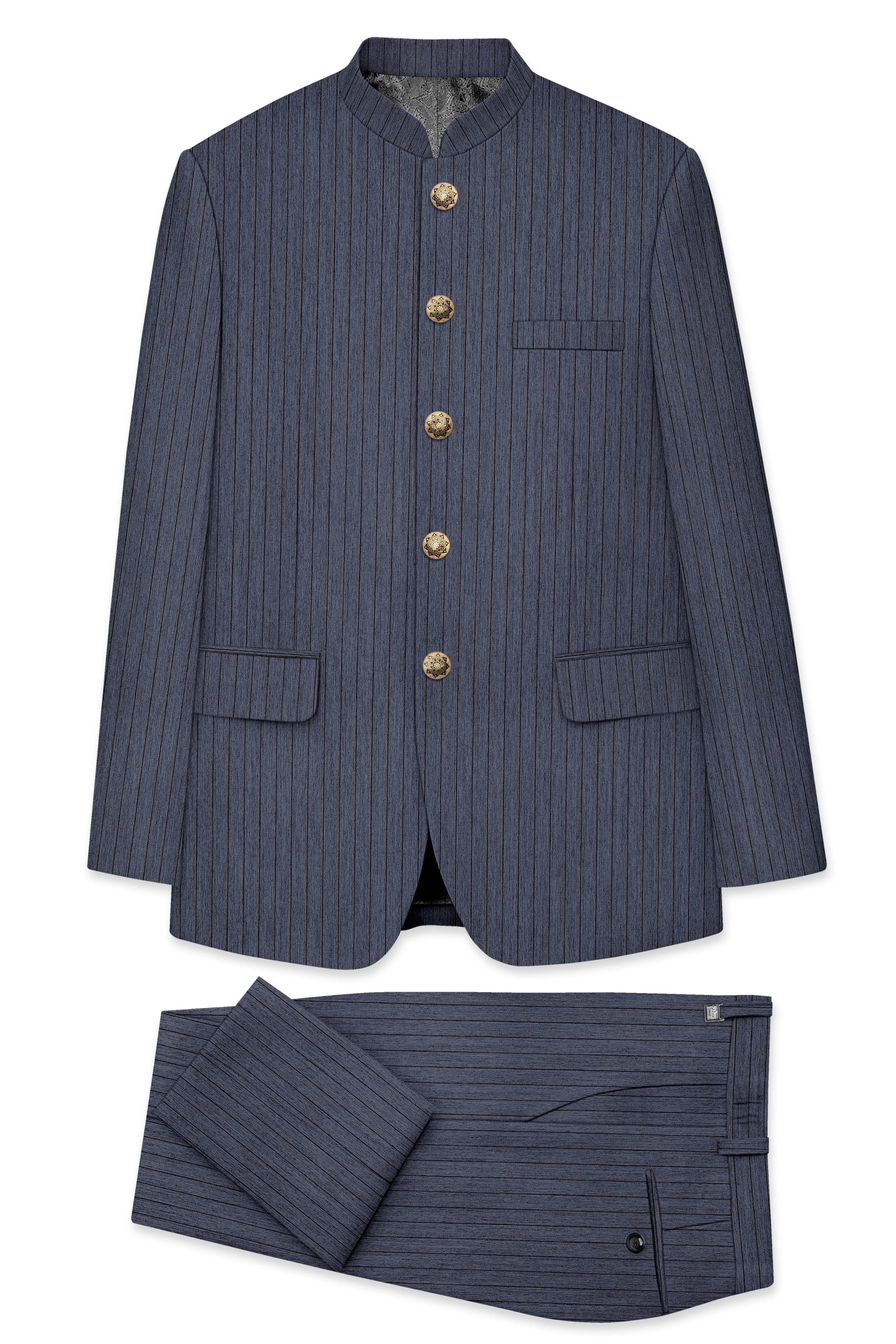 Azurion-Ninja Blue Pin Striped Wool Rich Slight Stretch Bandhgala Suit