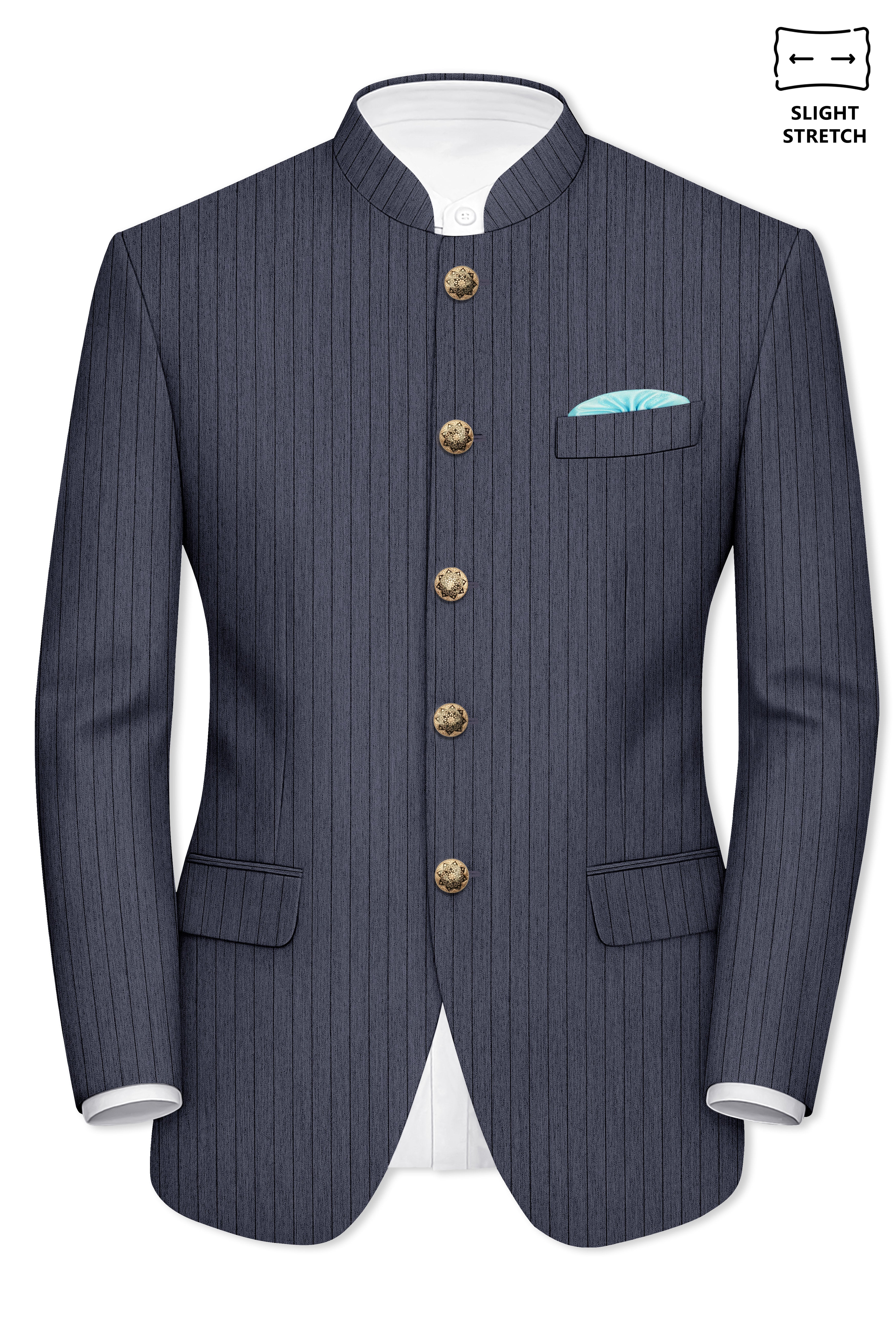 Azurion-Ninja Blue Pin Striped Wool Rich Slight Stretch Bandhgala Suit