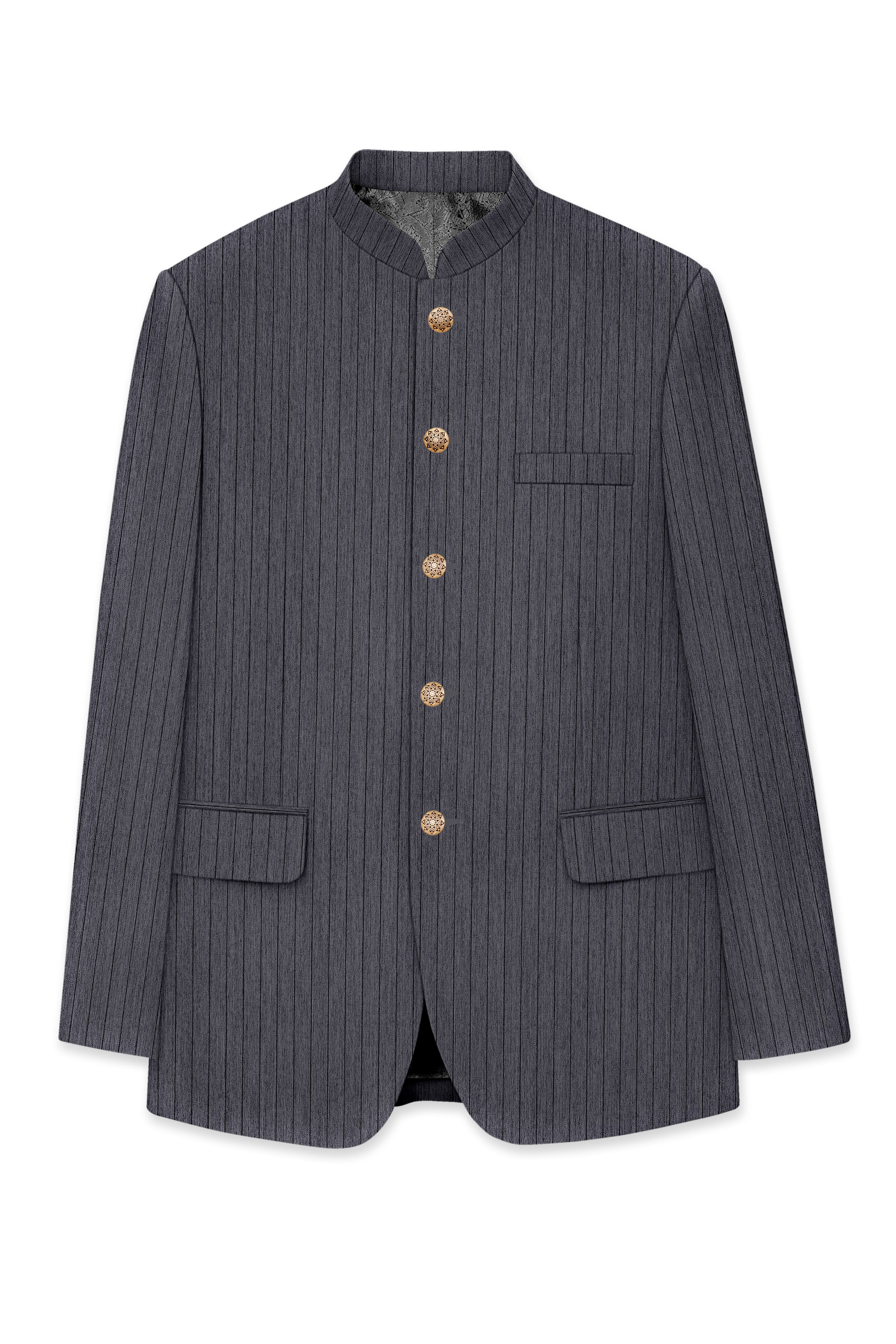 Noctaro-Vampire Gray Pin Striped Wool Rich Slight Stretch Bandhgala Suit