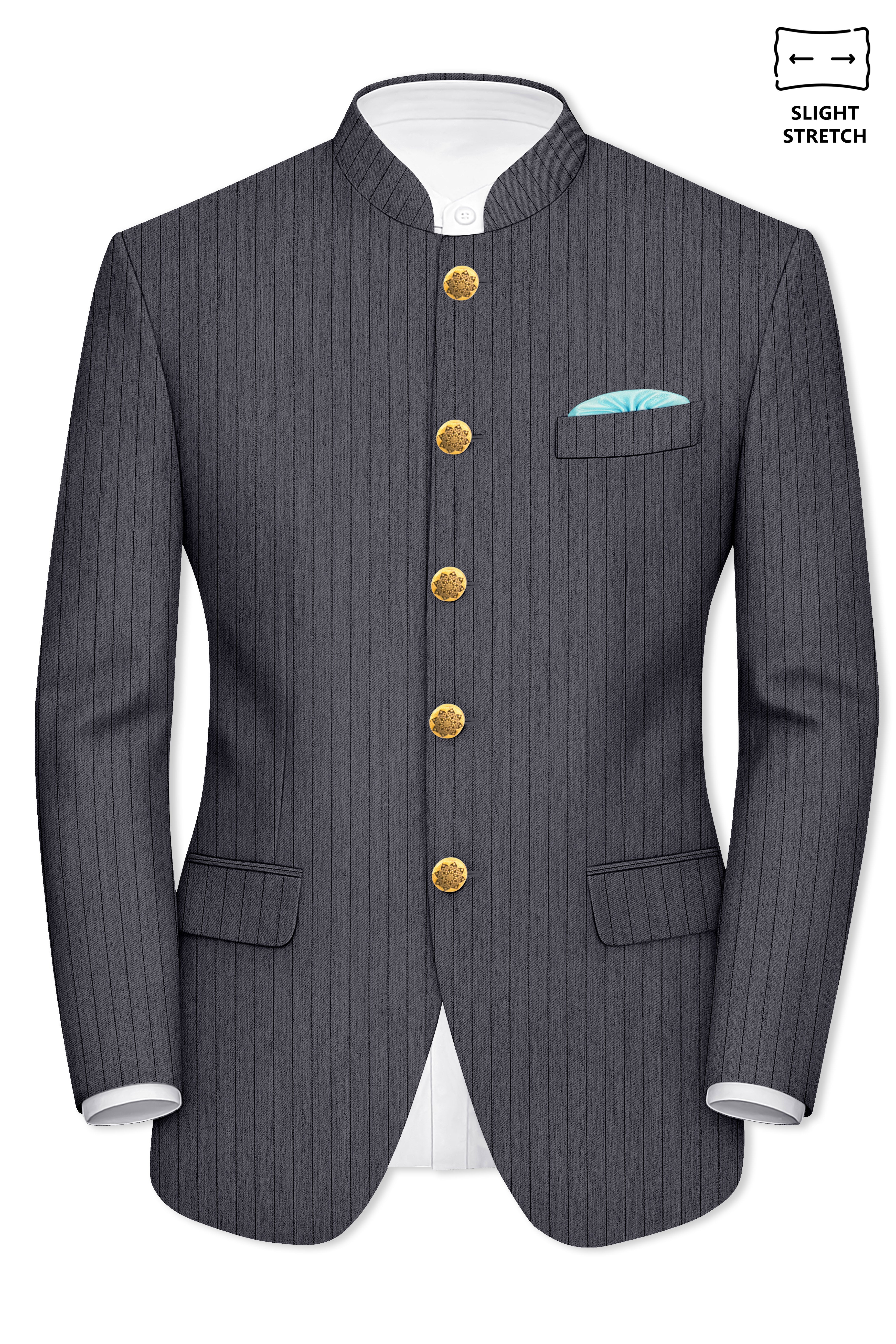 Noctaro-Vampire Gray Pin Striped Wool Rich Slight Stretch Bandhgala Suit