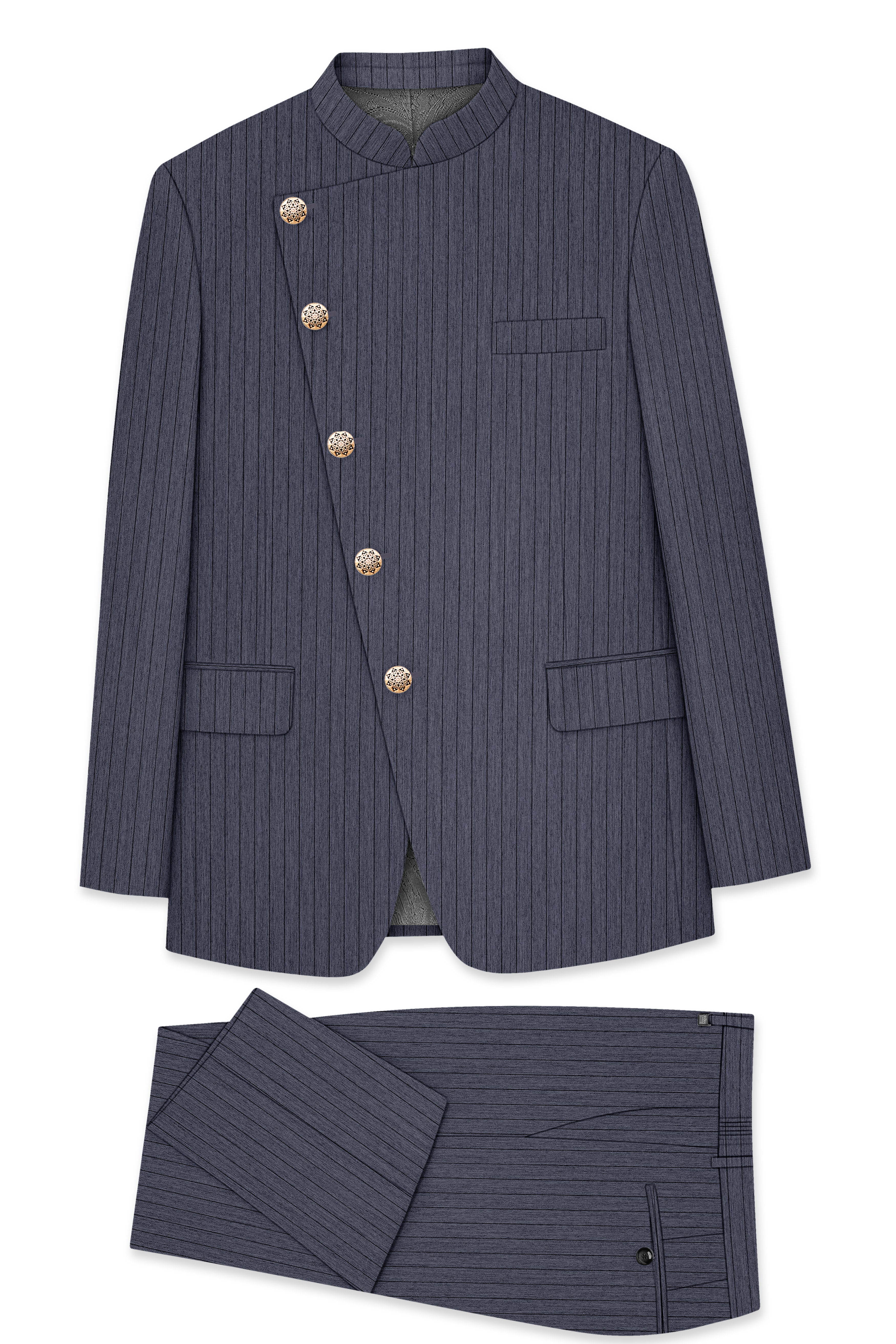Azurion-Ninja Blue Pin Striped Wool Rich Cross Placket Bandhgala Slight Stretch Suit