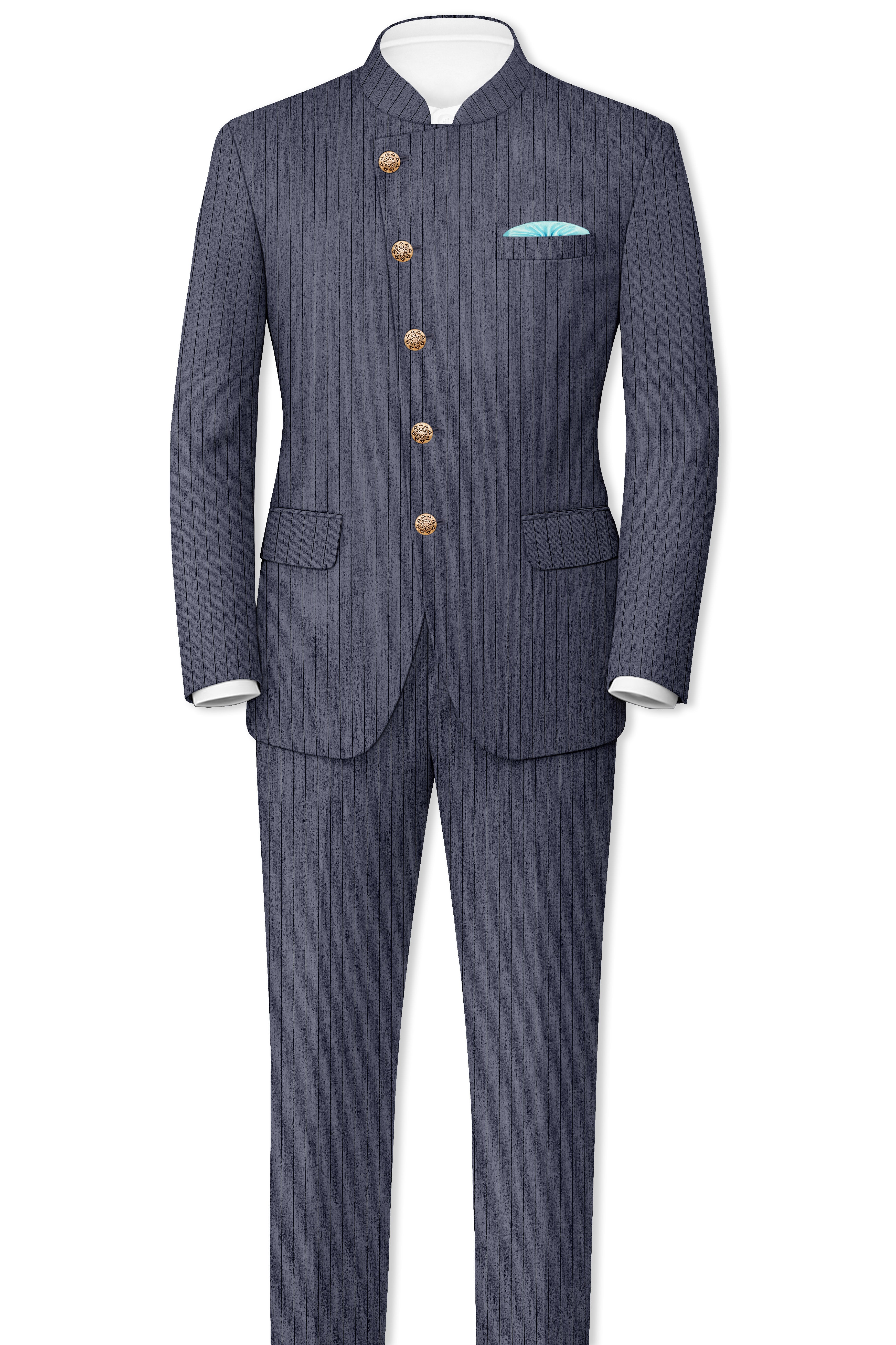 Azurion-Ninja Blue Pin Striped Wool Rich Cross Placket Bandhgala Slight Stretch Suit