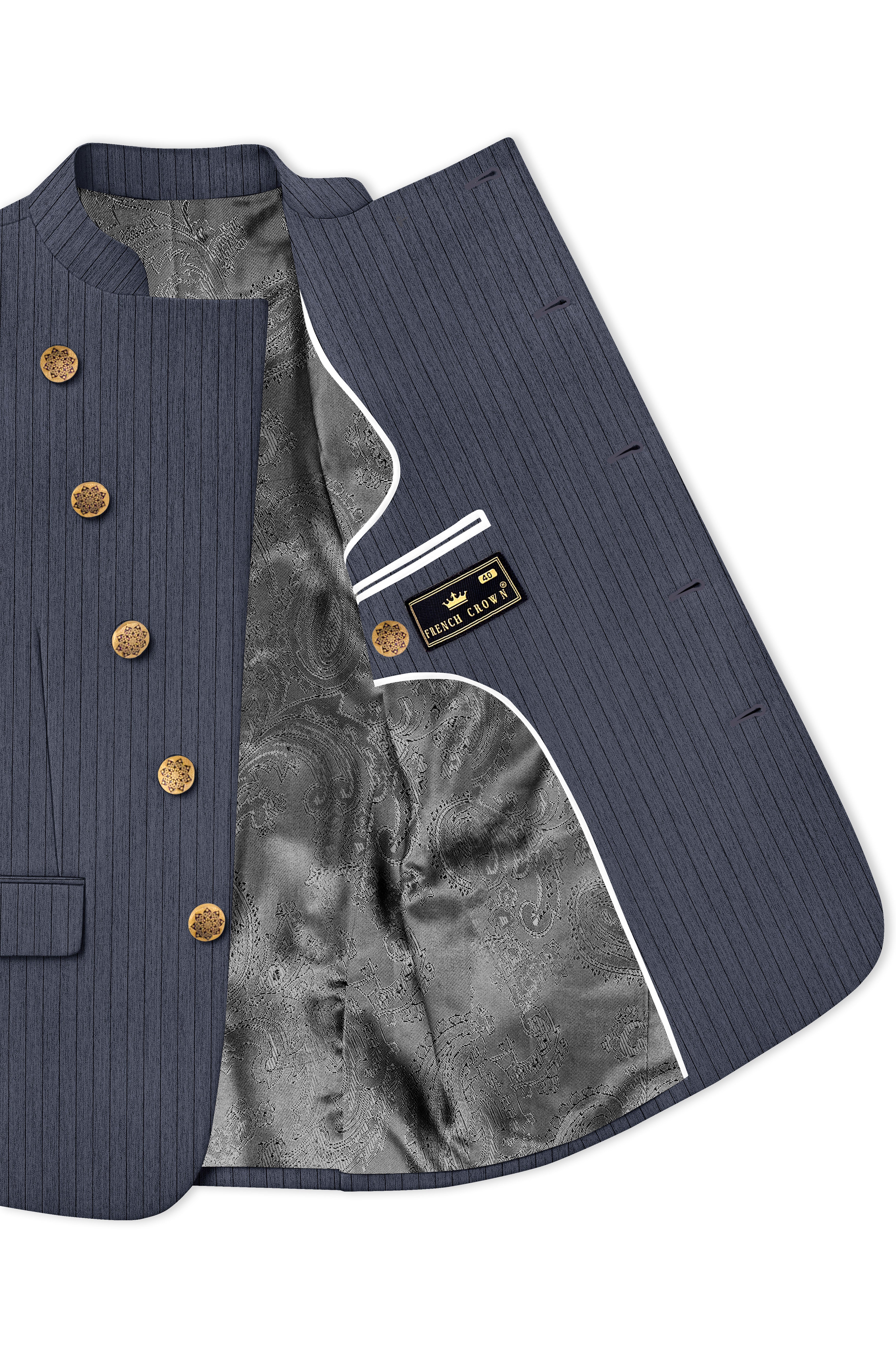 Azurion-Ninja Blue Pin Striped Wool Rich Cross Placket Bandhgala Slight Stretch Suit