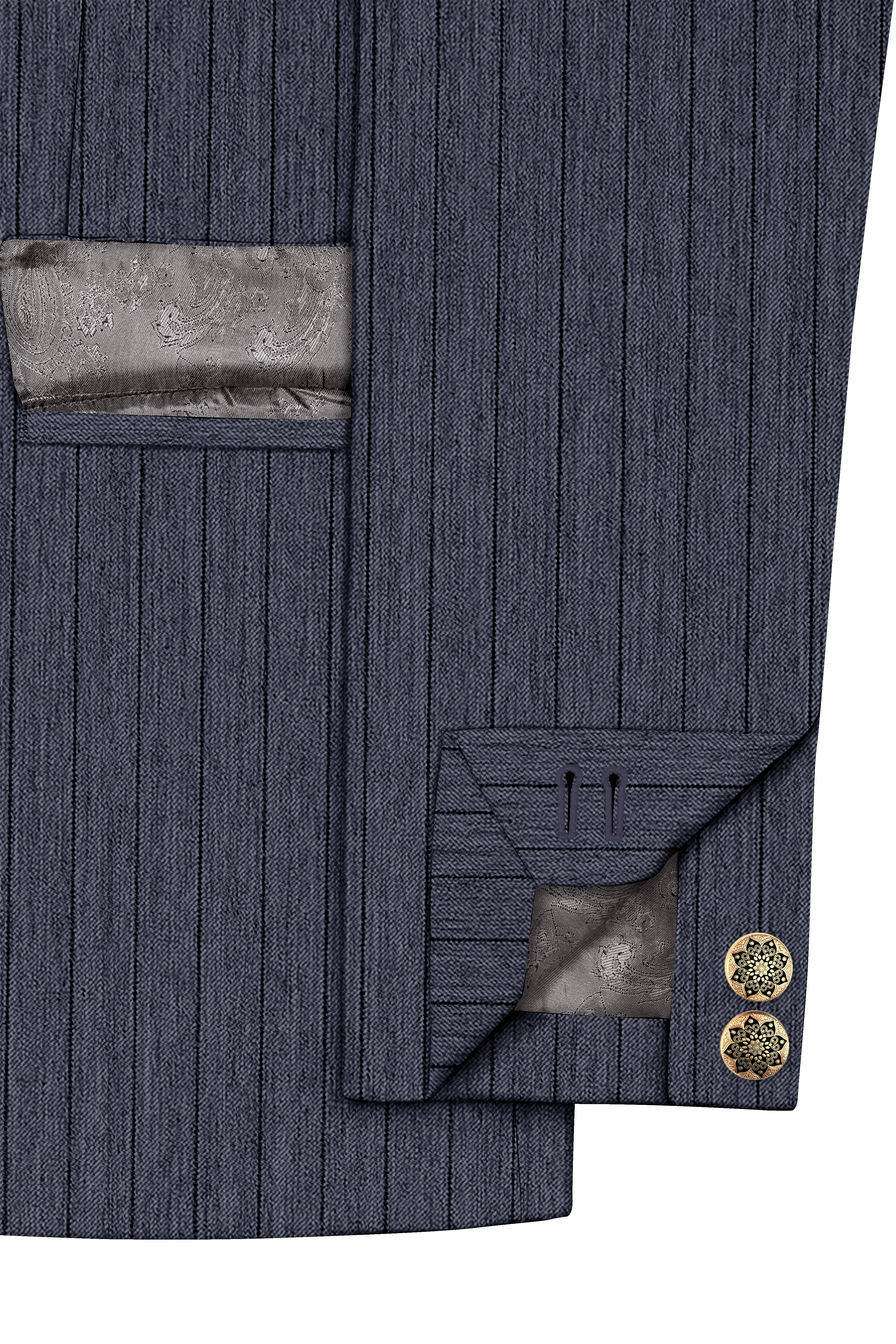 Azurion-Ninja Blue Pin Striped Wool Rich Cross Placket Bandhgala Slight Stretch Suit