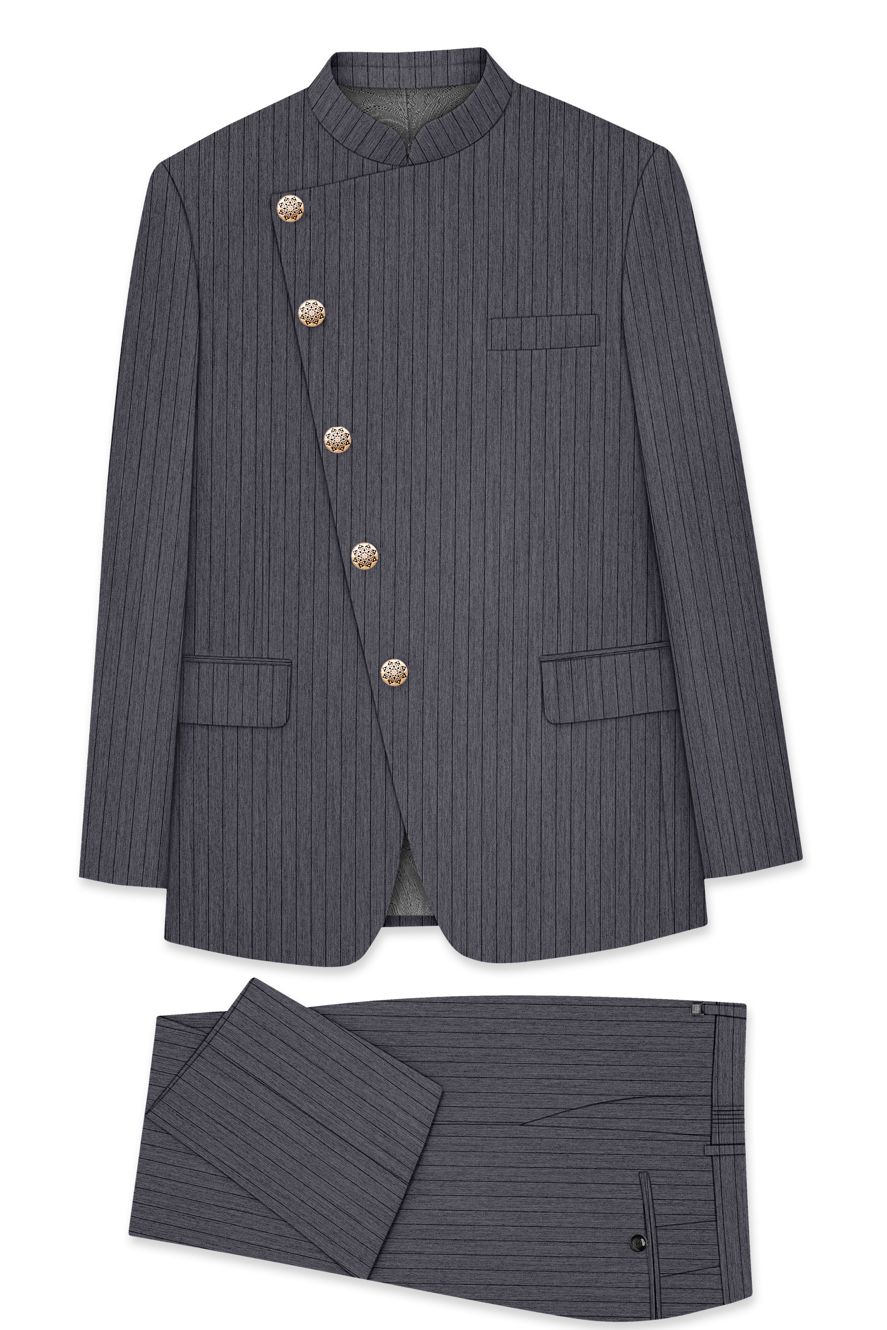 Noctaro-Vampire Gray Pin Striped Wool Rich Cross Placket Bandhgala Slight Stretch Suit