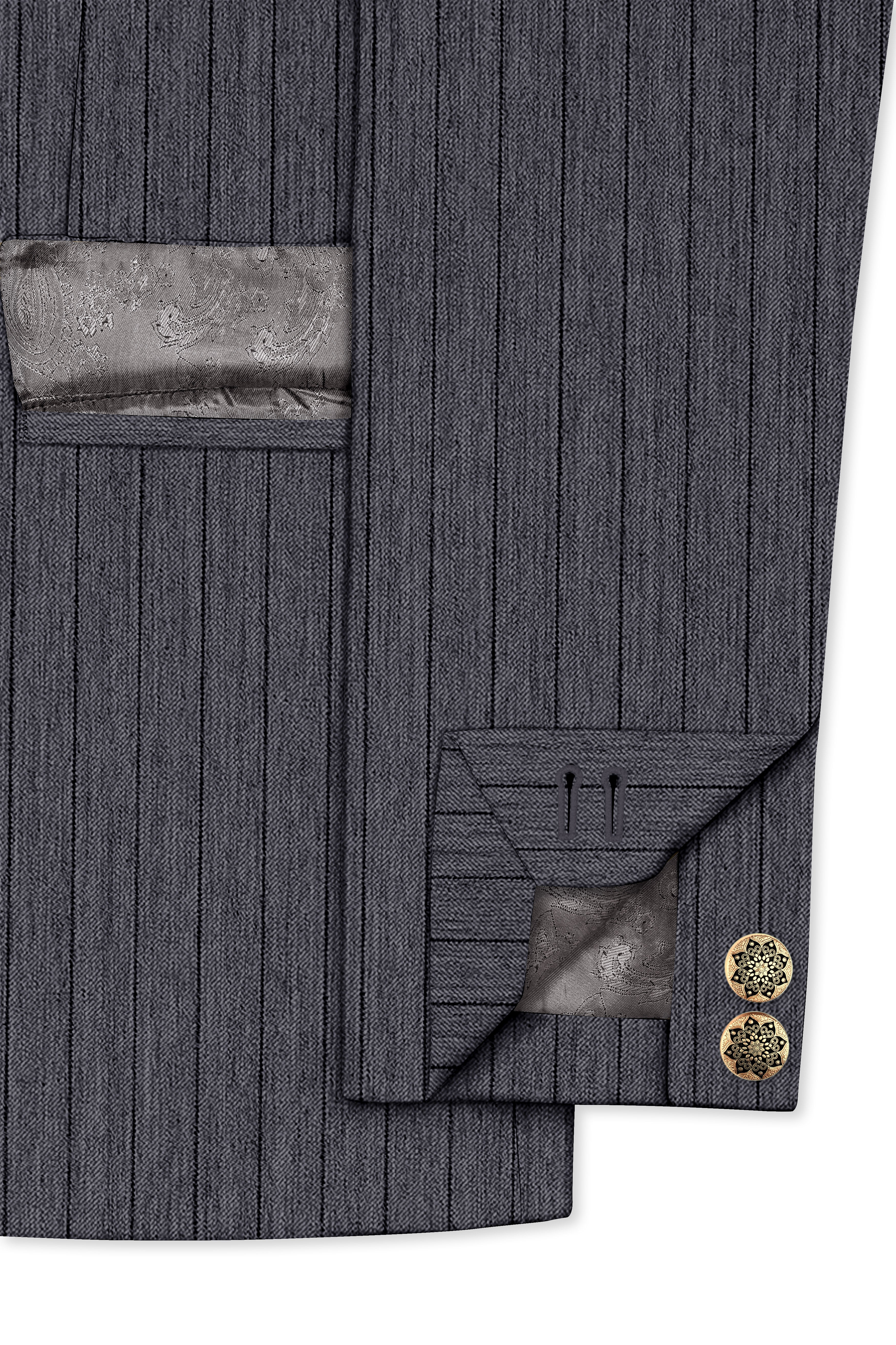 Noctaro-Vampire Gray Pin Striped Wool Rich Cross Placket Bandhgala Slight Stretch Suit