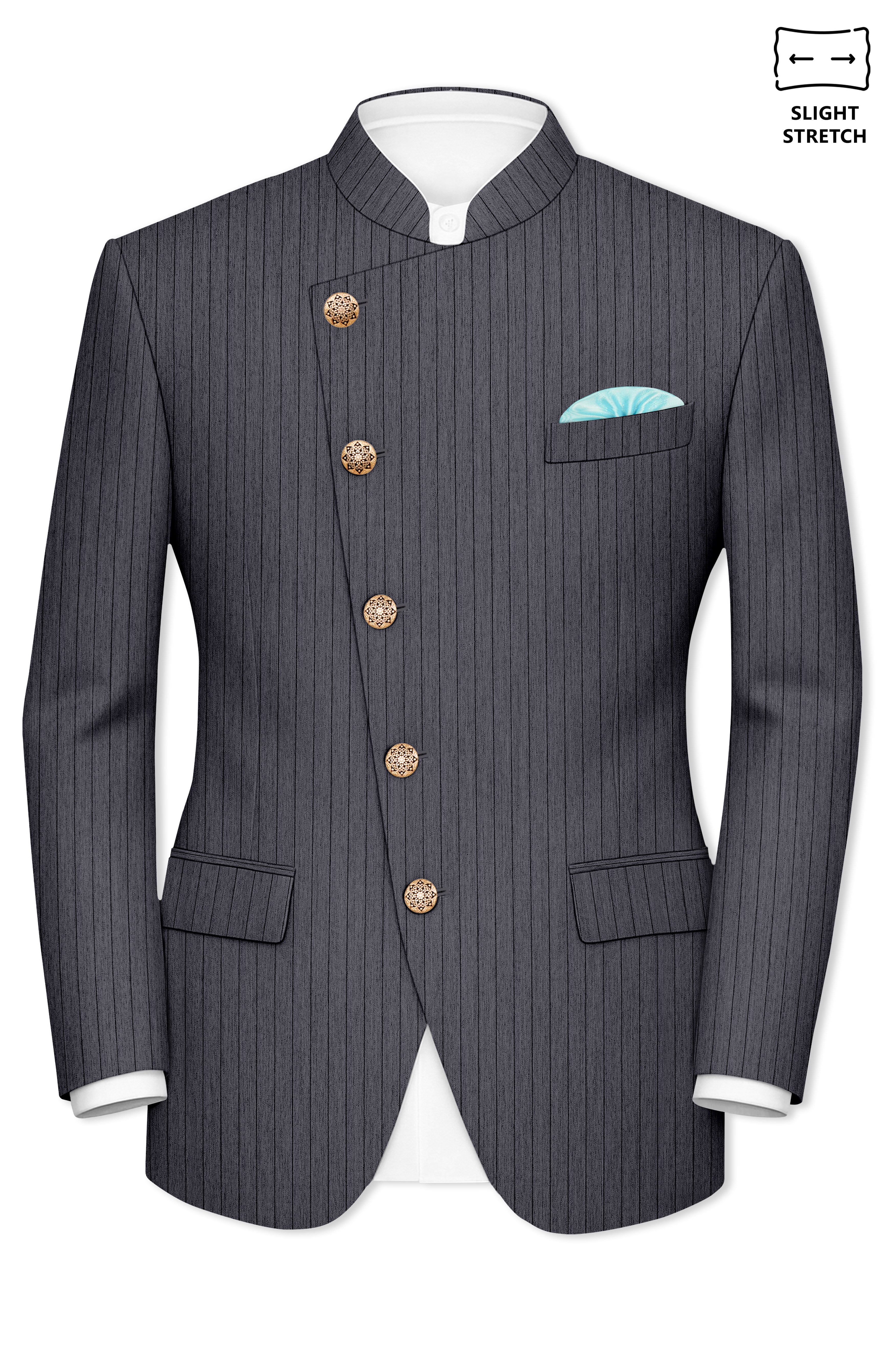 Noctaro-Vampire Gray Pin Striped Wool Rich Cross Placket Bandhgala Slight Stretch Suit