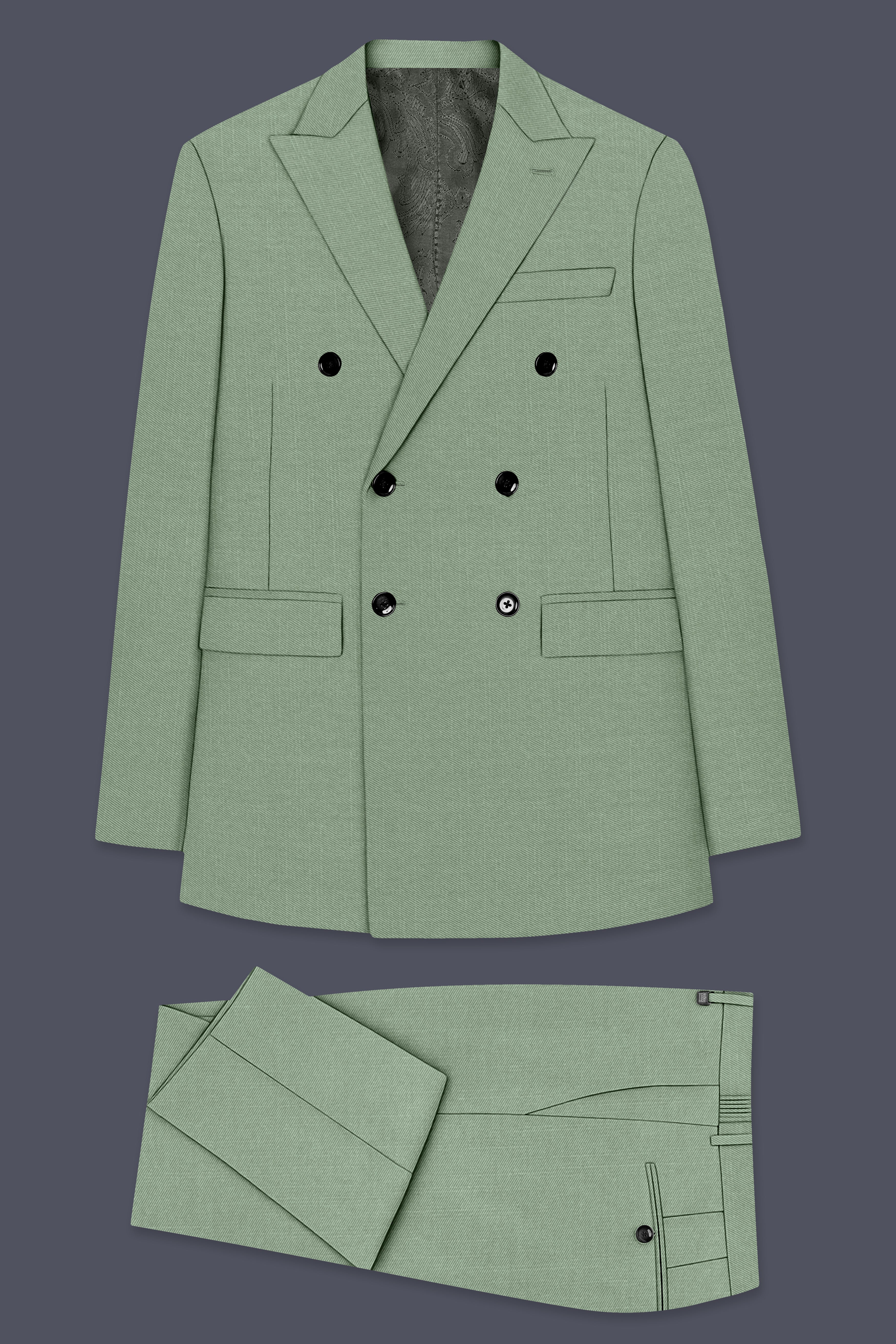 Basil-Spanish Green Wool Rich Slight Stretch Double Breasted Suit