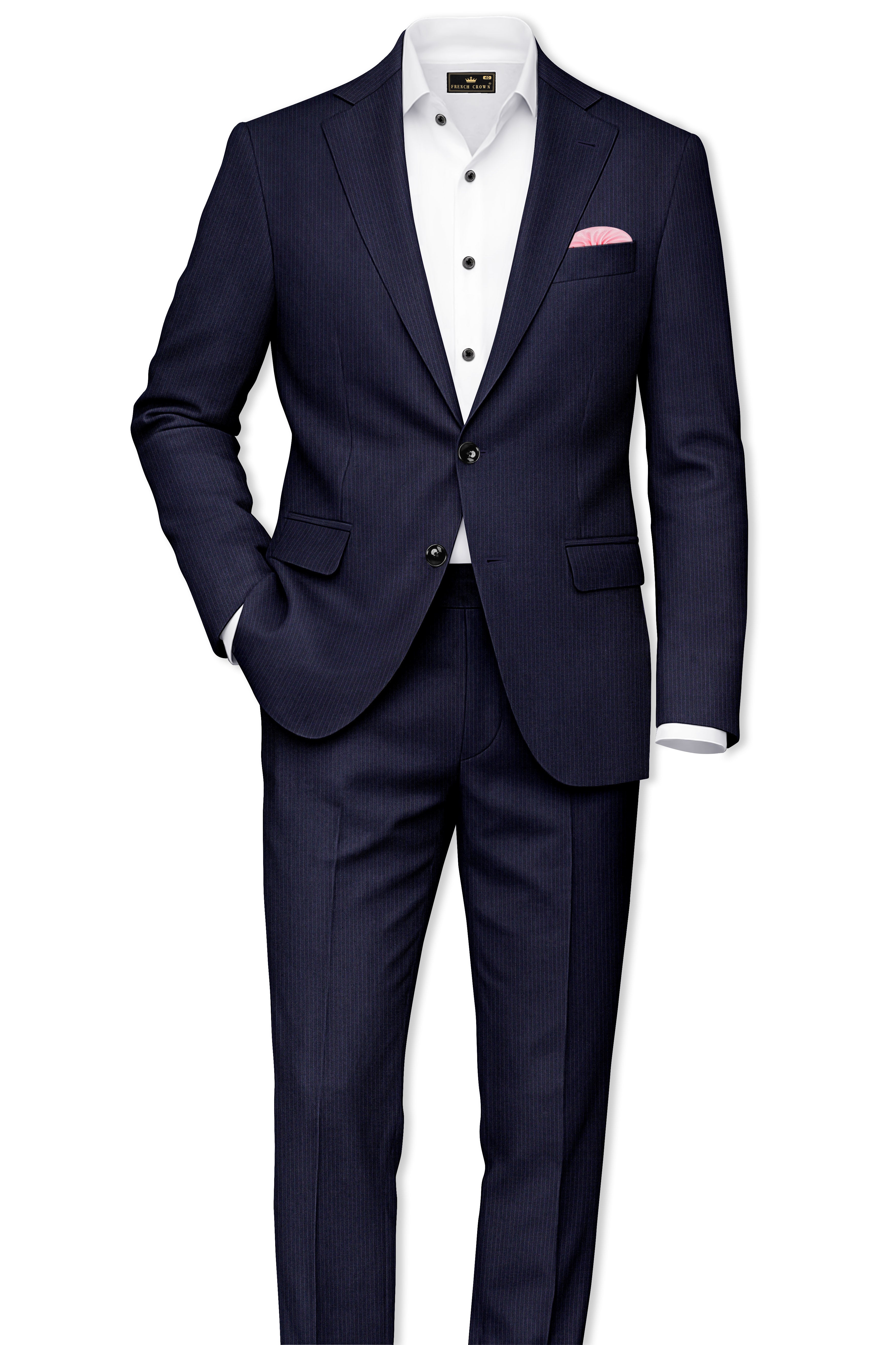 Elion-Bunker Blue Pencil Striped Wool Rich Slight Stretch Single Breasted Suit