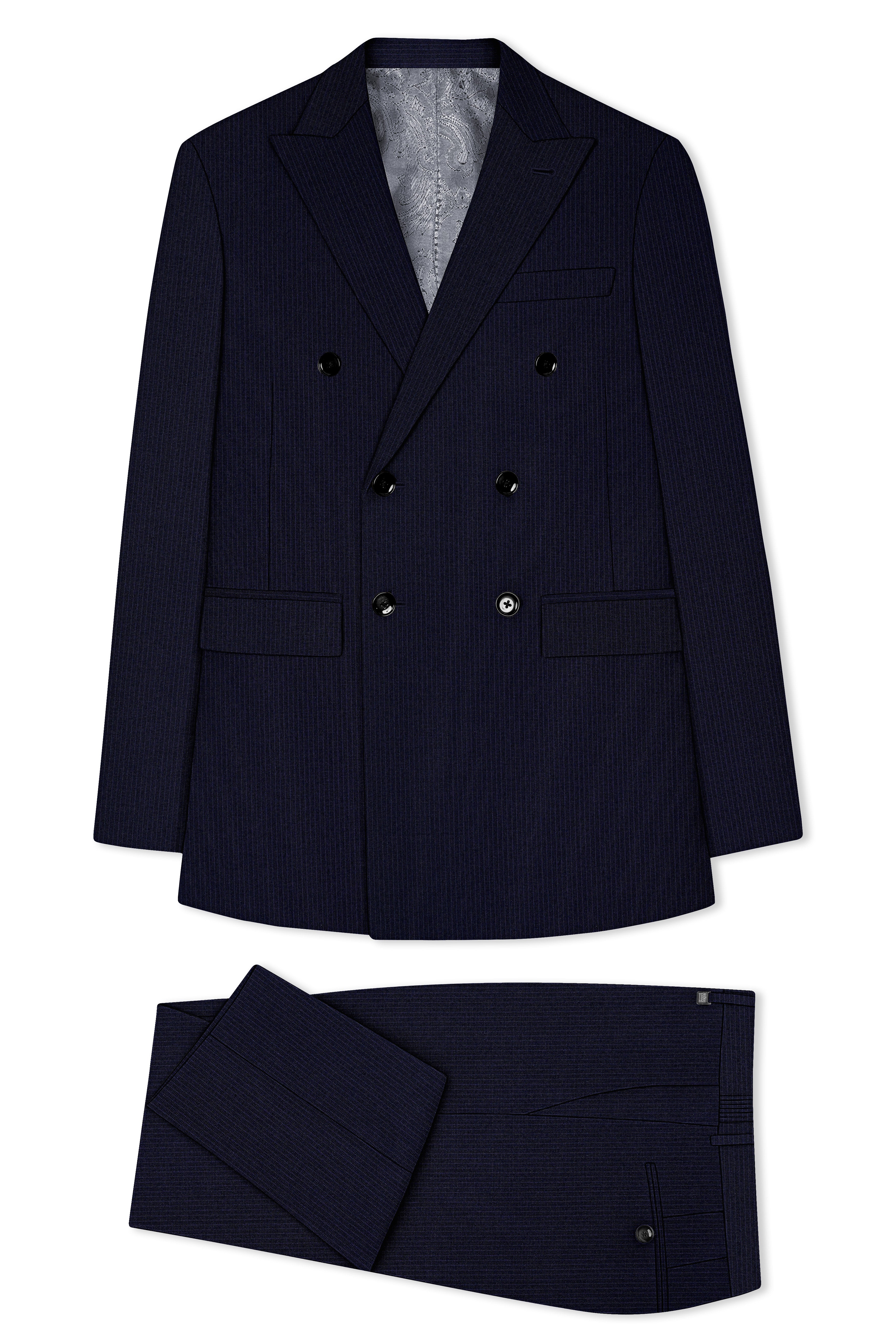 Elion-Bunker Blue Pencil Striped Wool Rich Slight Stretch Double Breasted Suit