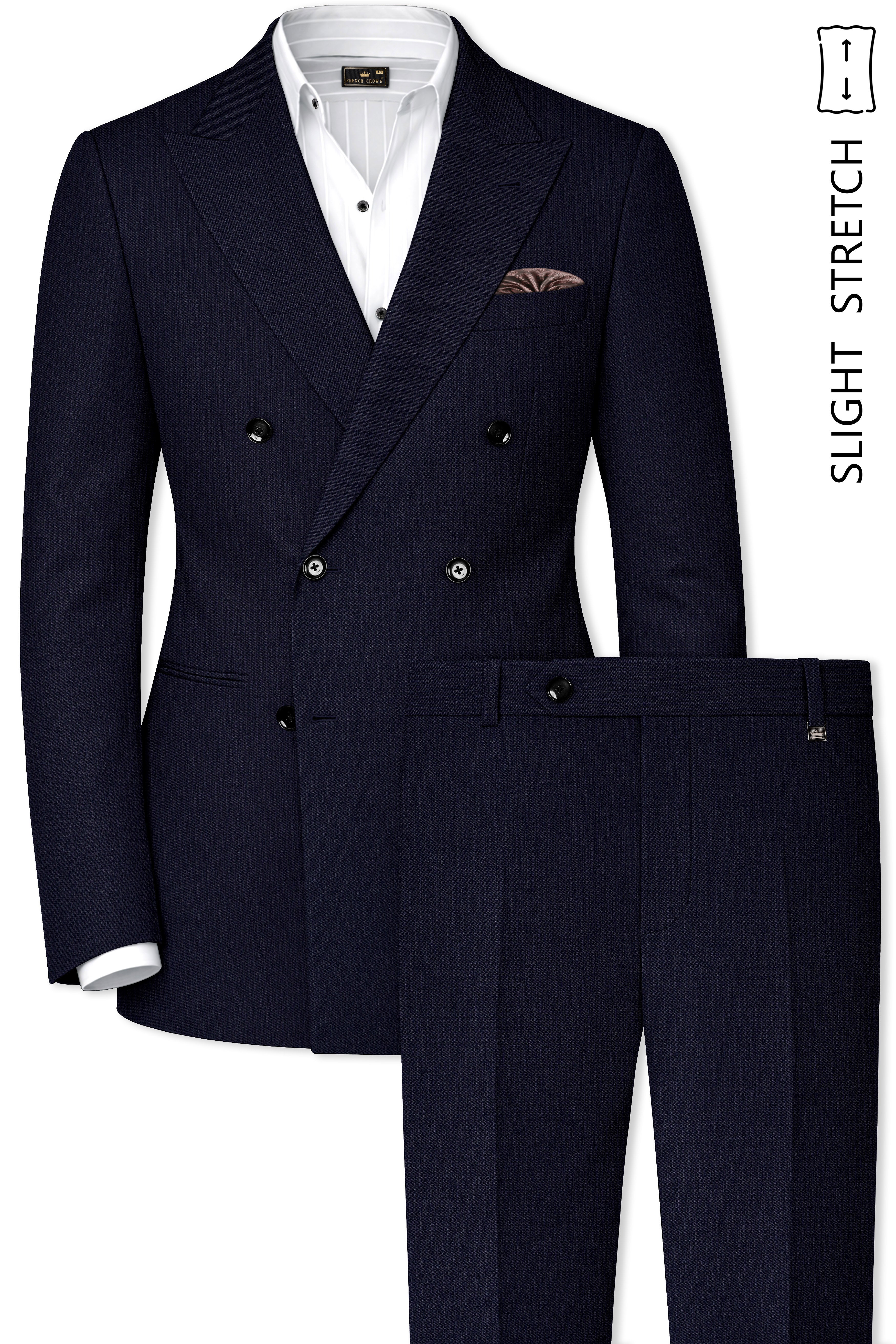 Elion-Bunker Blue Pencil Striped Wool Rich Slight Stretch Double Breasted Suit