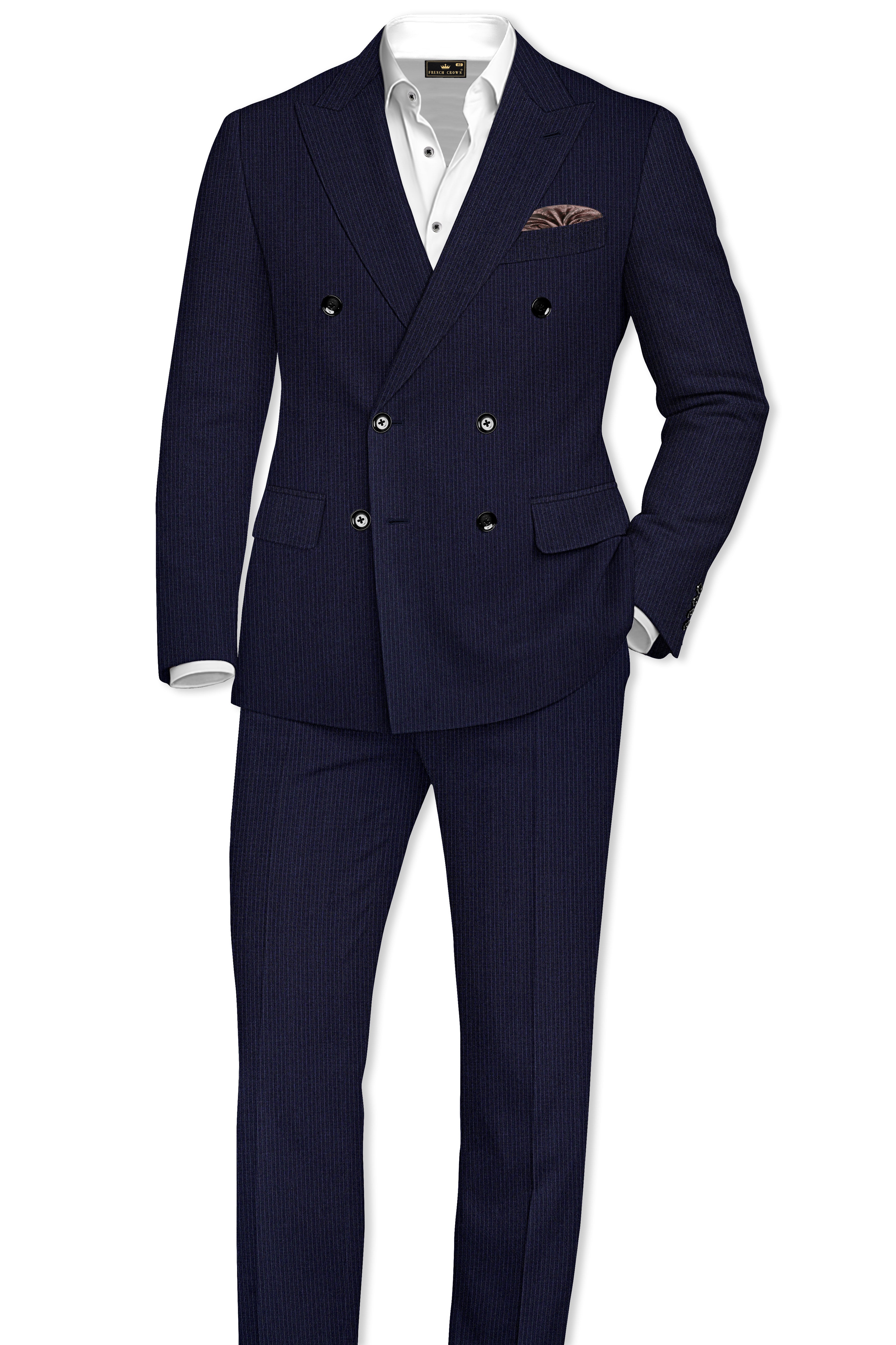 Elion-Bunker Blue Pencil Striped Wool Rich Slight Stretch Double Breasted Suit