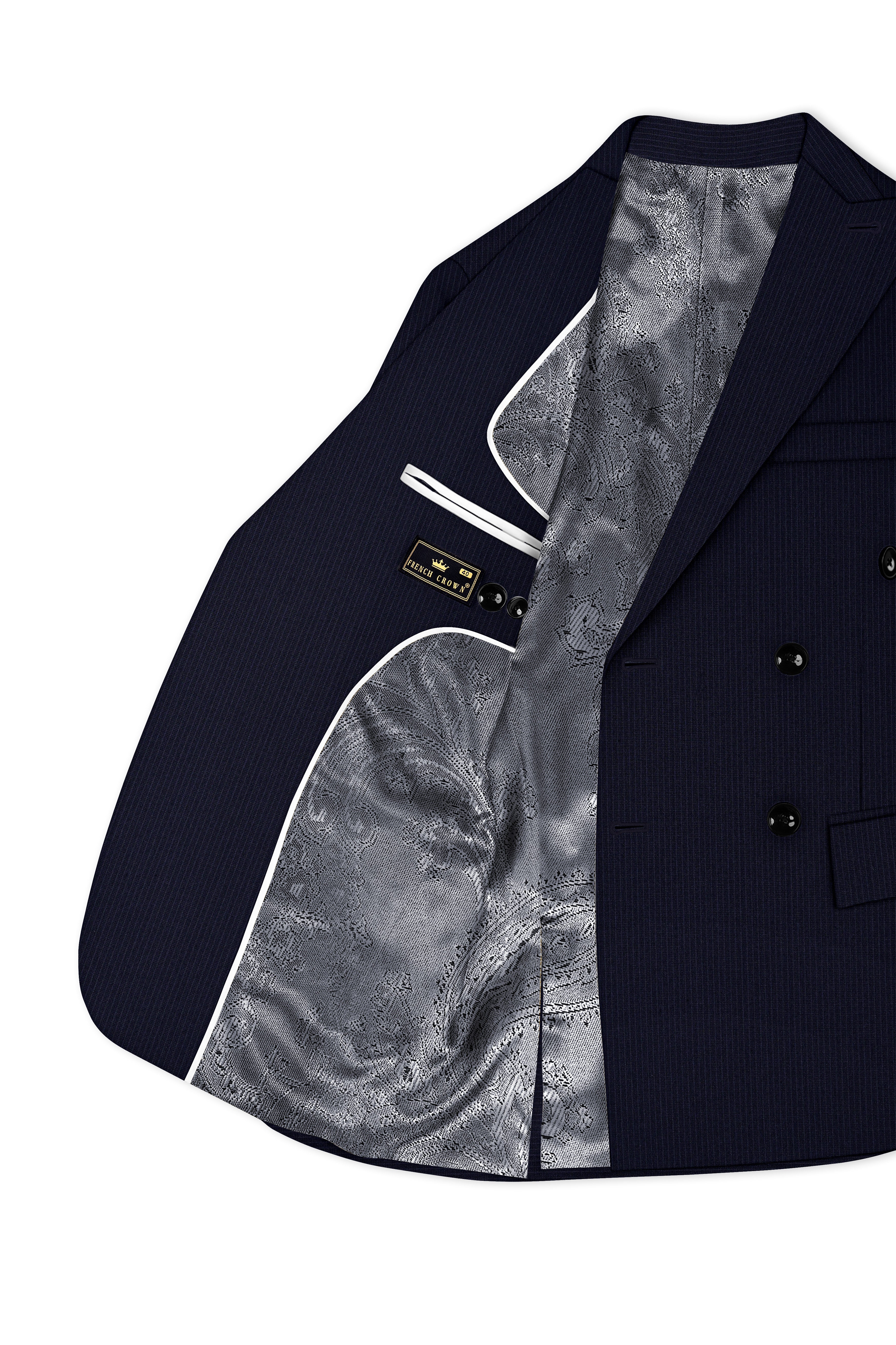 Elion-Bunker Blue Pencil Striped Wool Rich Slight Stretch Double Breasted Suit