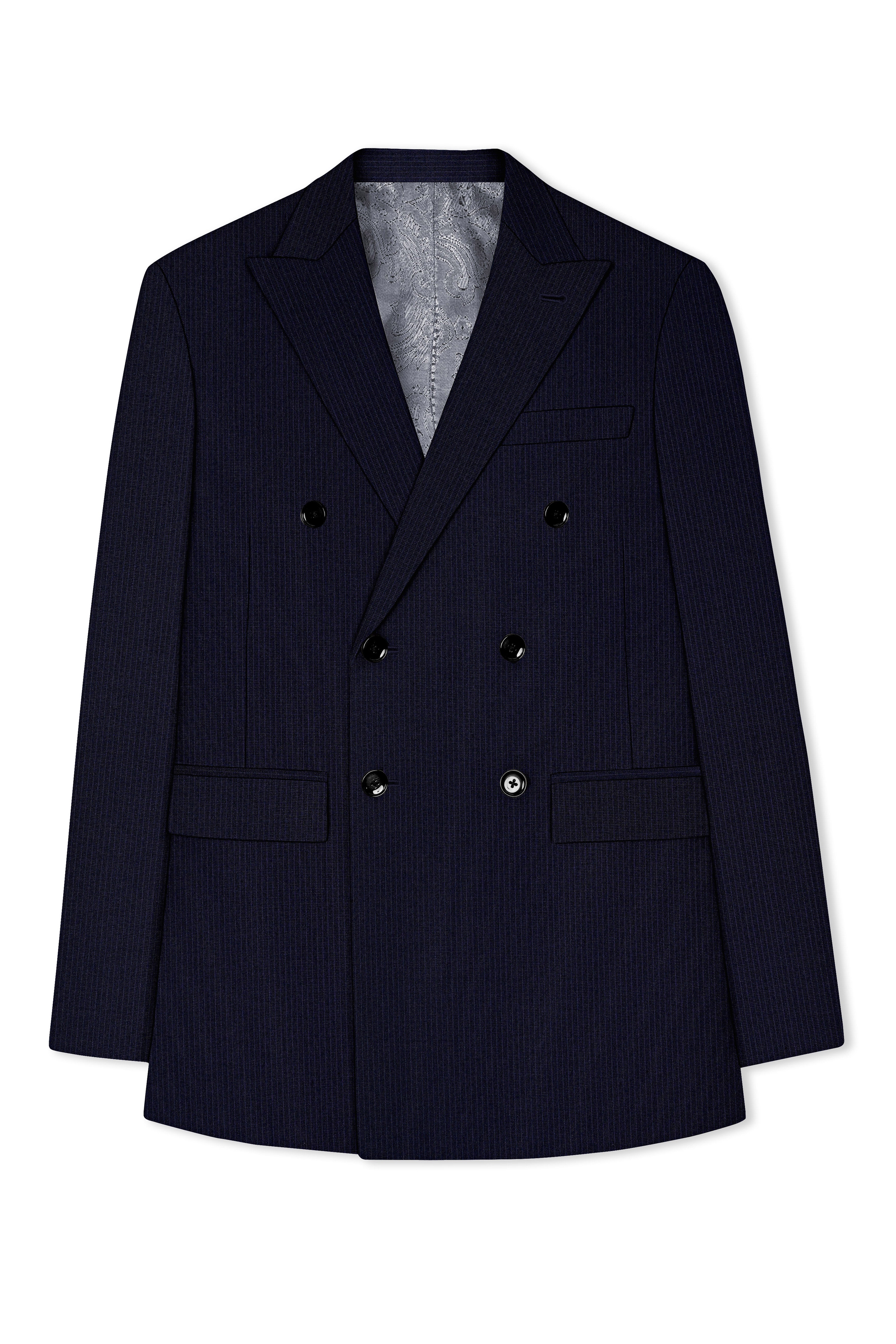 Elion-Bunker Blue Pencil Striped Wool Rich Slight Stretch Double Breasted Suit