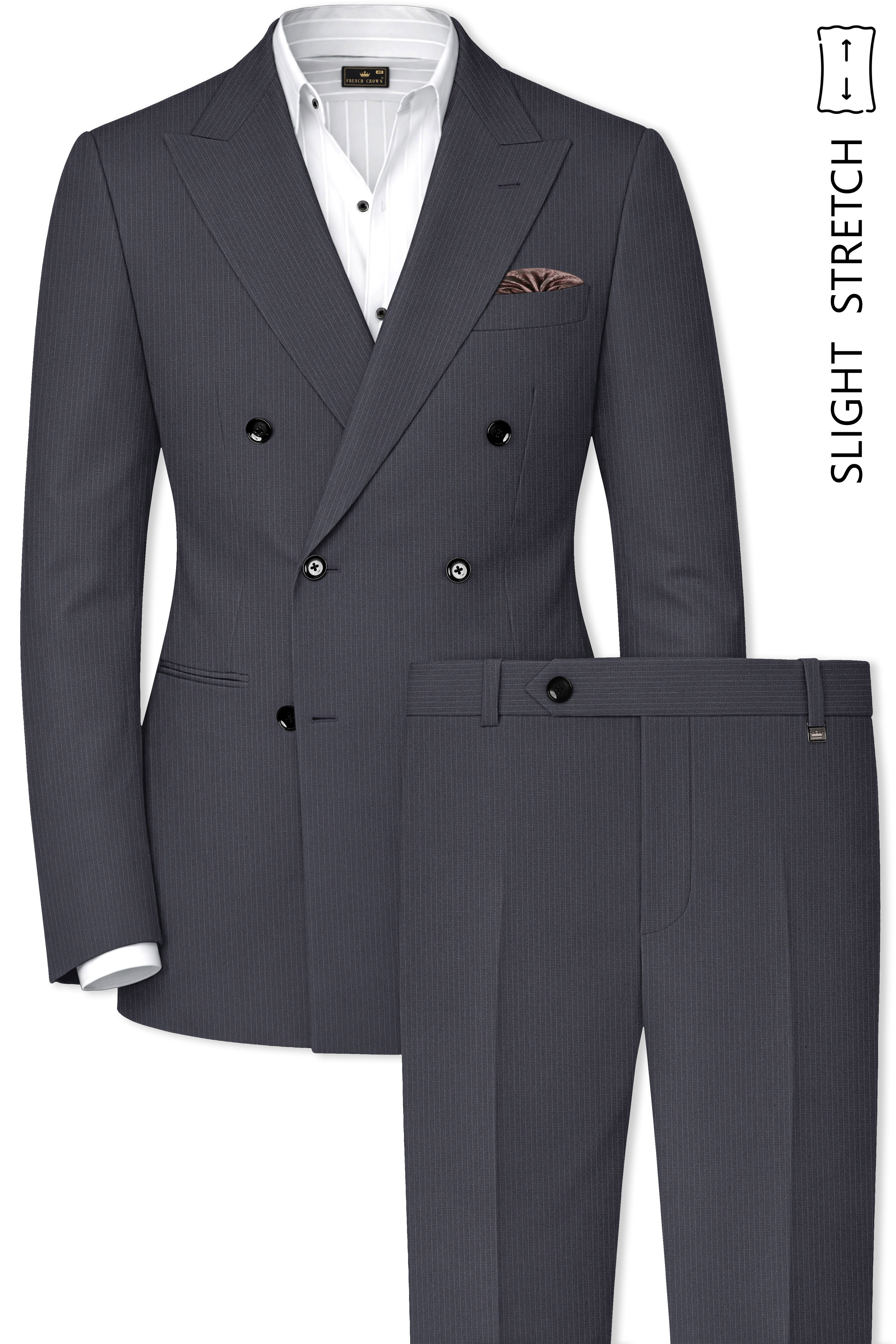 Monvex-Tuna Gray Pencil Striped Wool Rich Slight Stretch Double Breasted Suit