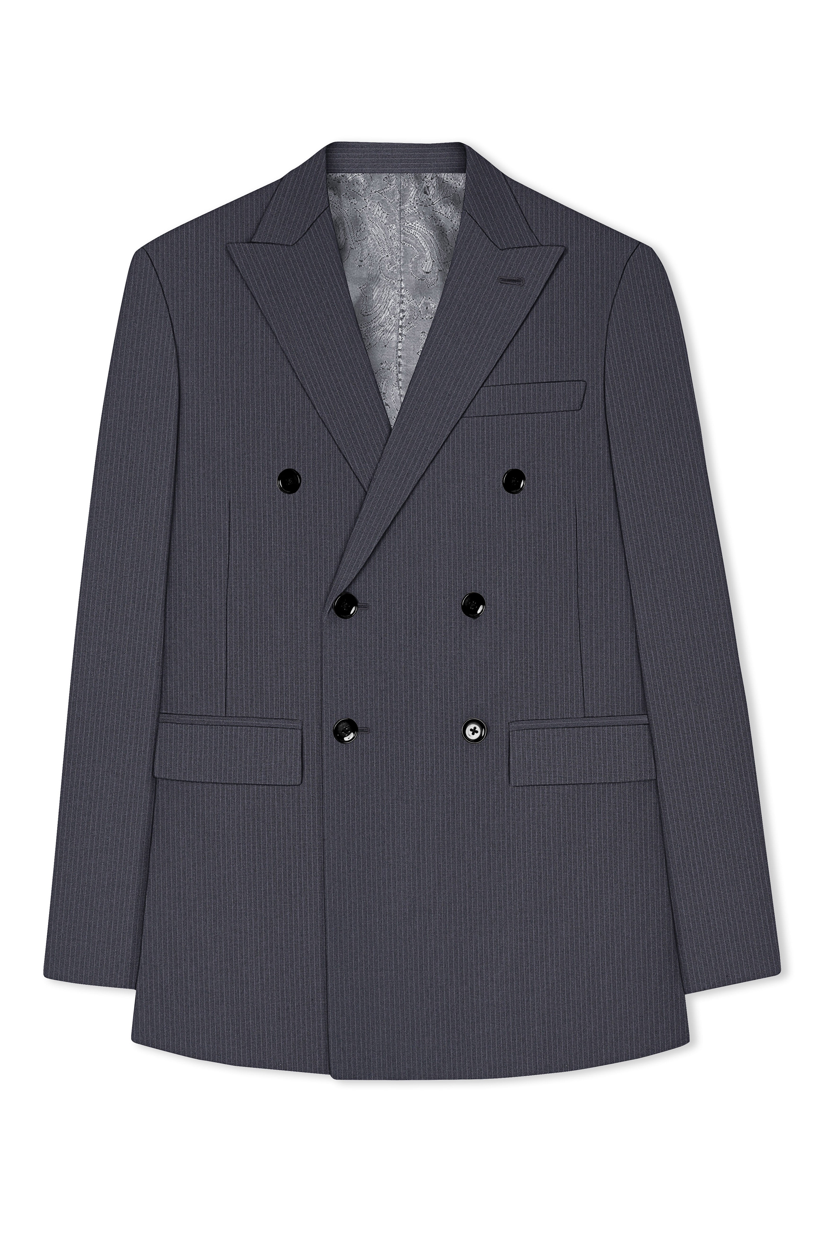Monvex-Tuna Gray Pencil Striped Wool Rich Slight Stretch Double Breasted Suit