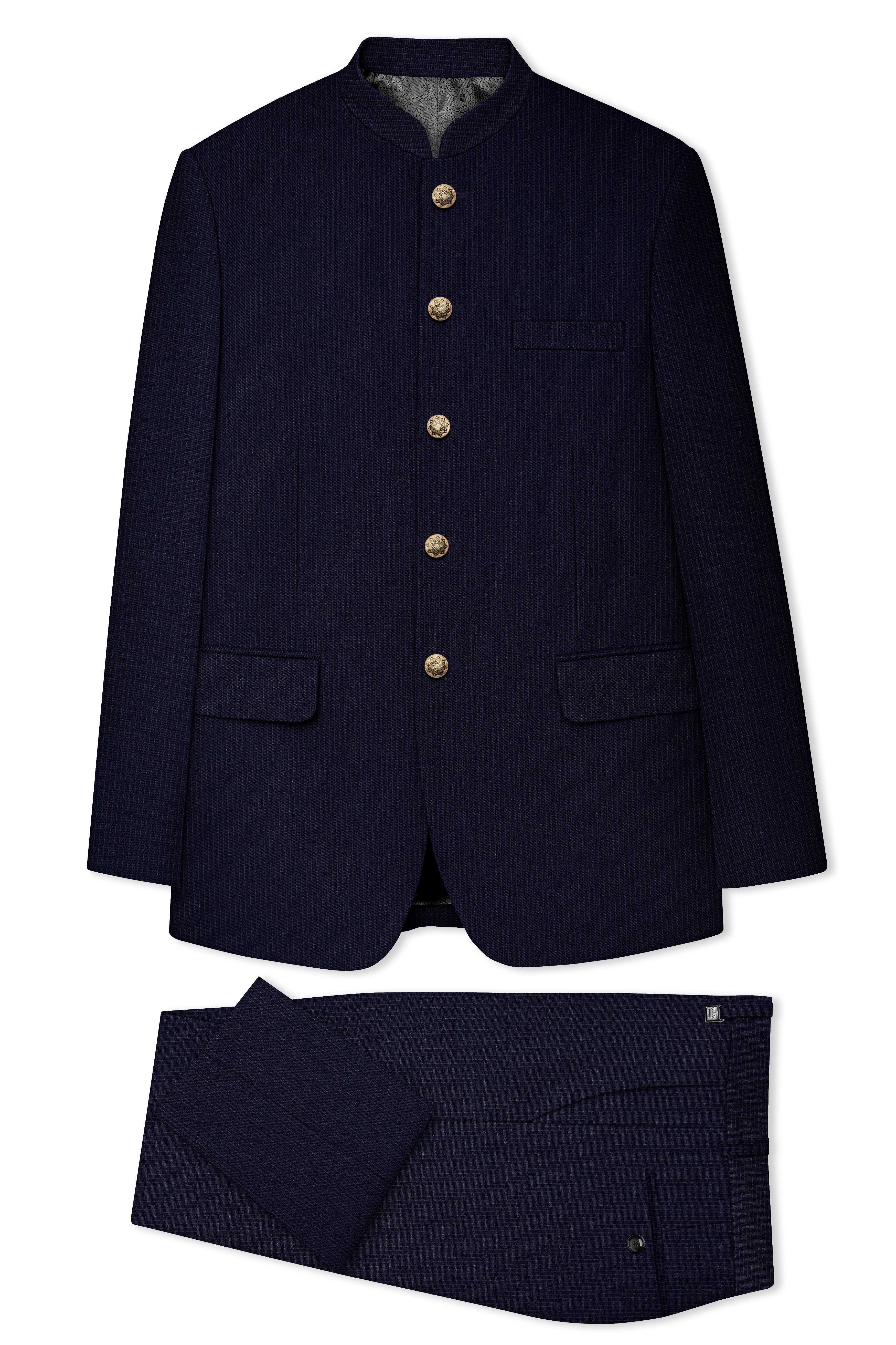 Elion-Bunker Blue Pencil Striped Wool Rich Bandhgala Slight Stretch Suit