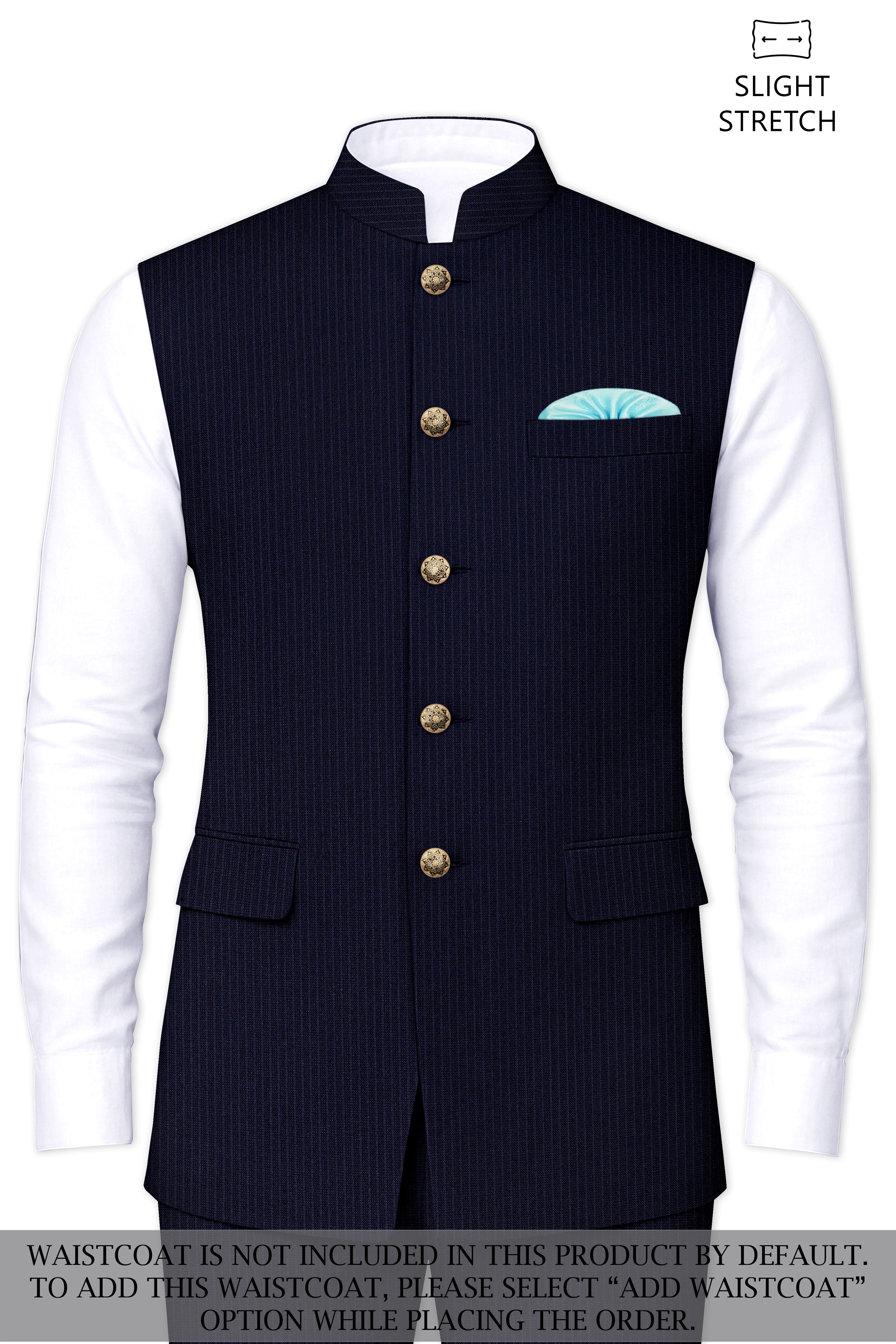 Elion-Bunker Blue Pencil Striped Wool Rich Bandhgala Slight Stretch Suit