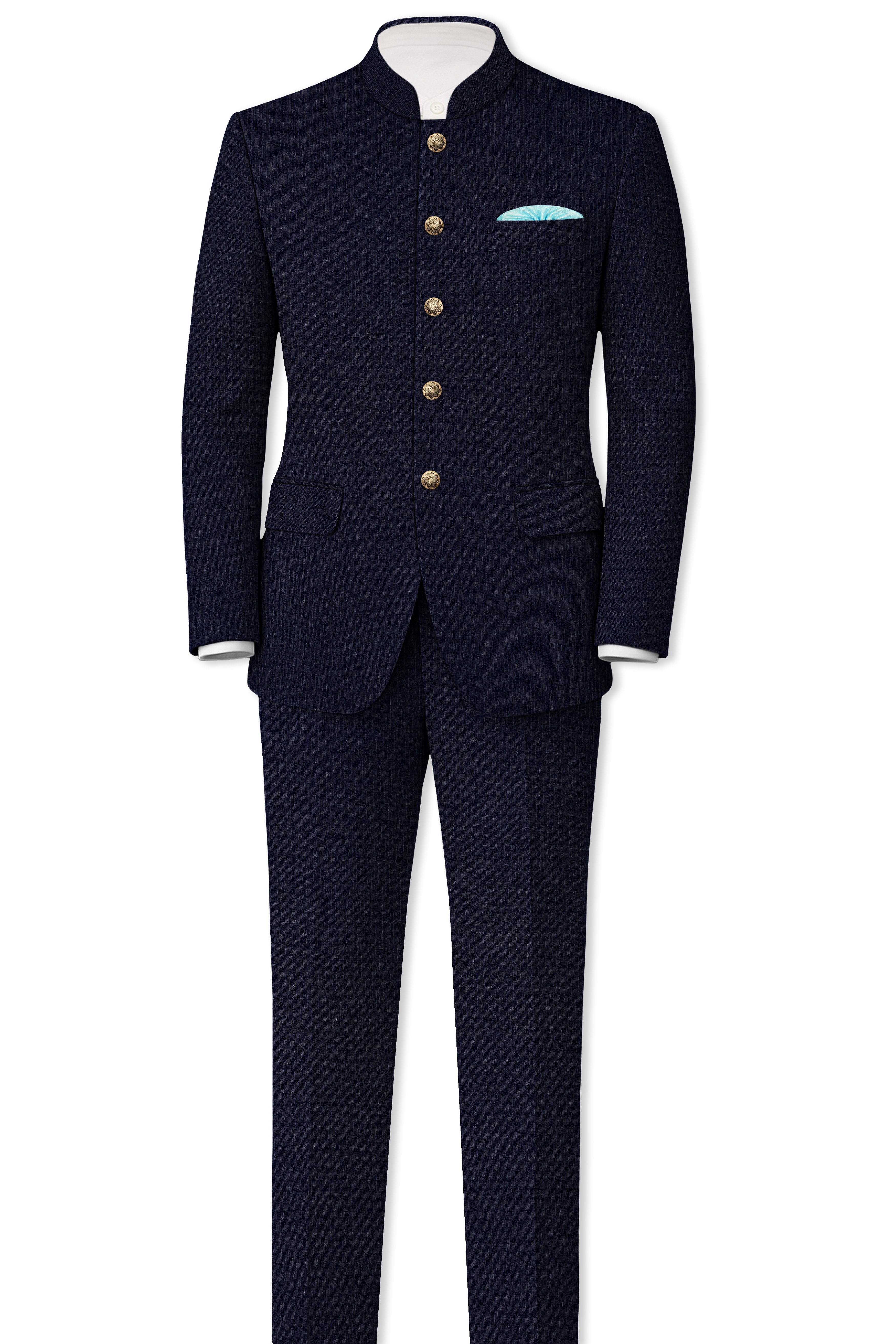 Elion-Bunker Blue Pencil Striped Wool Rich Bandhgala Slight Stretch Suit