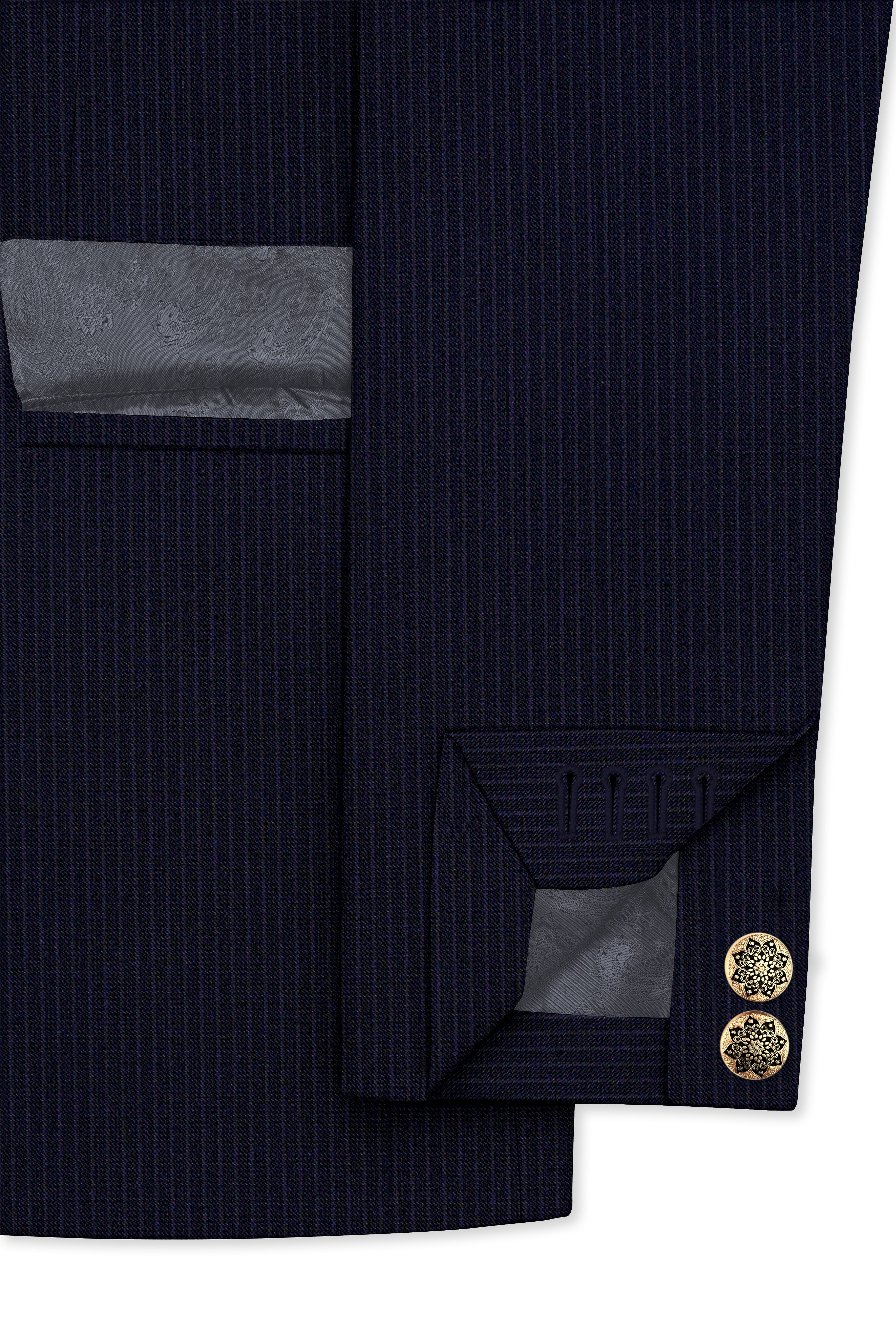 Elion-Bunker Blue Pencil Striped Wool Rich Bandhgala Slight Stretch Suit