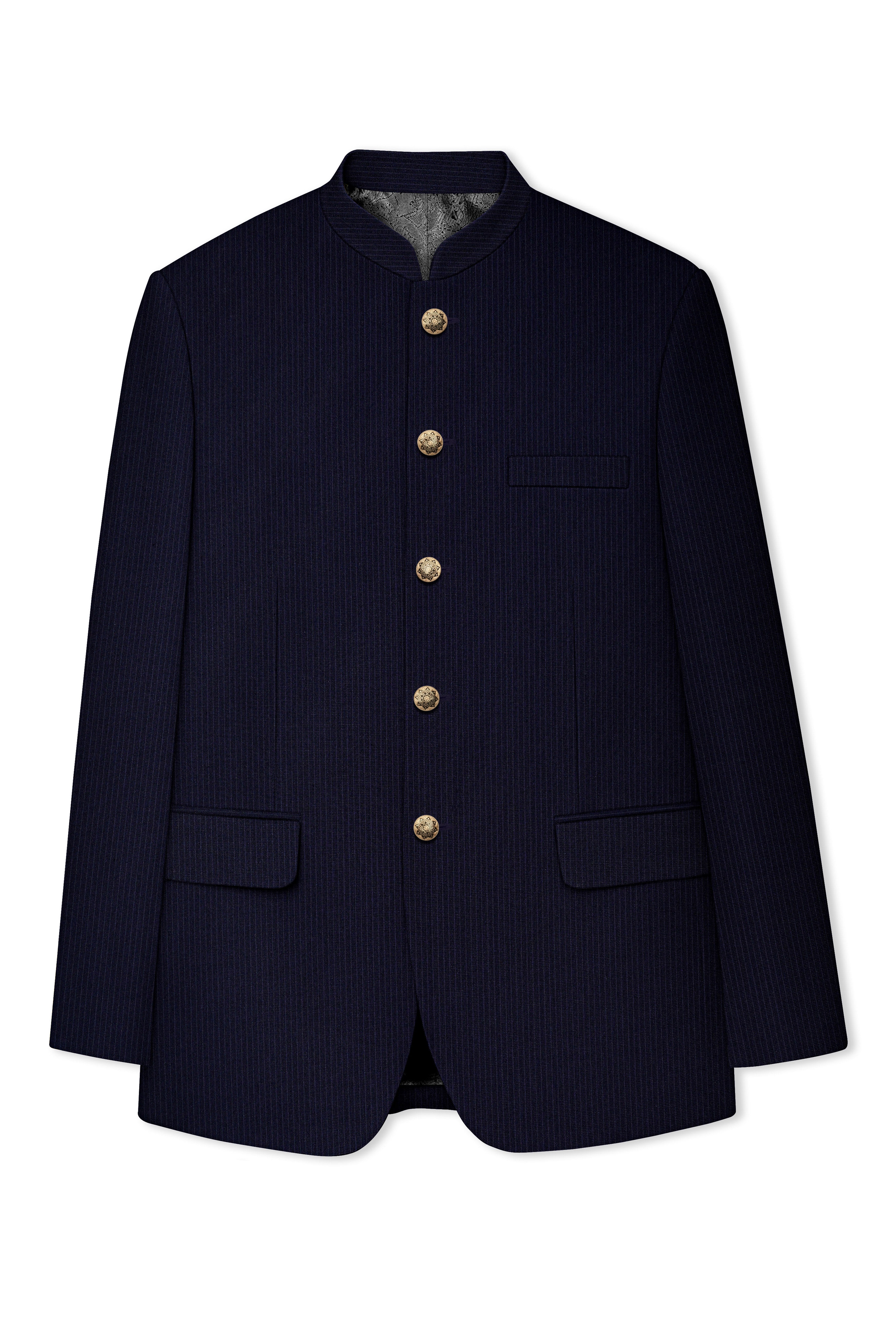 Elion-Bunker Blue Pencil Striped Wool Rich Bandhgala Slight Stretch Suit