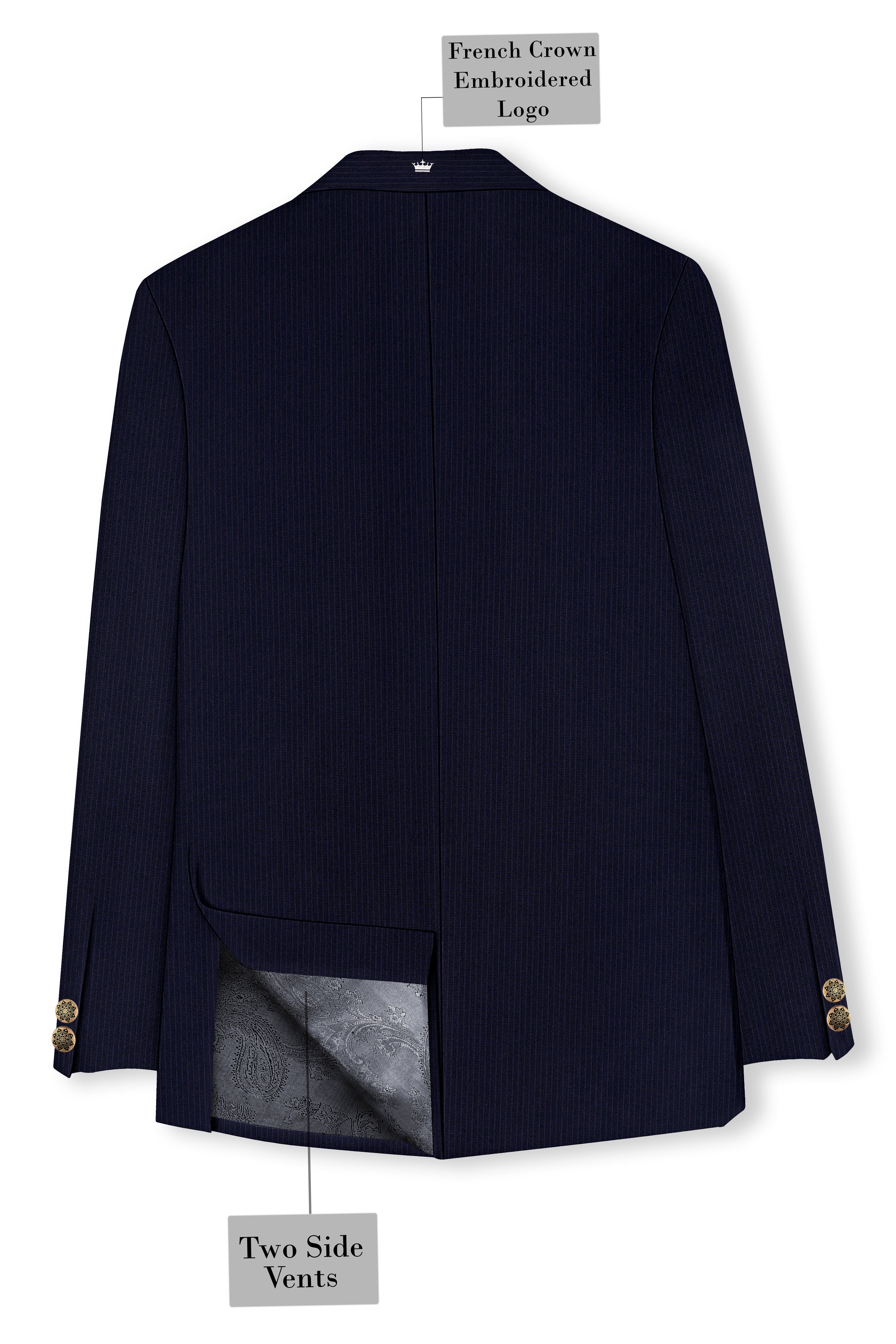 Elion-Bunker Blue Pencil Striped Wool Rich Bandhgala Slight Stretch Suit