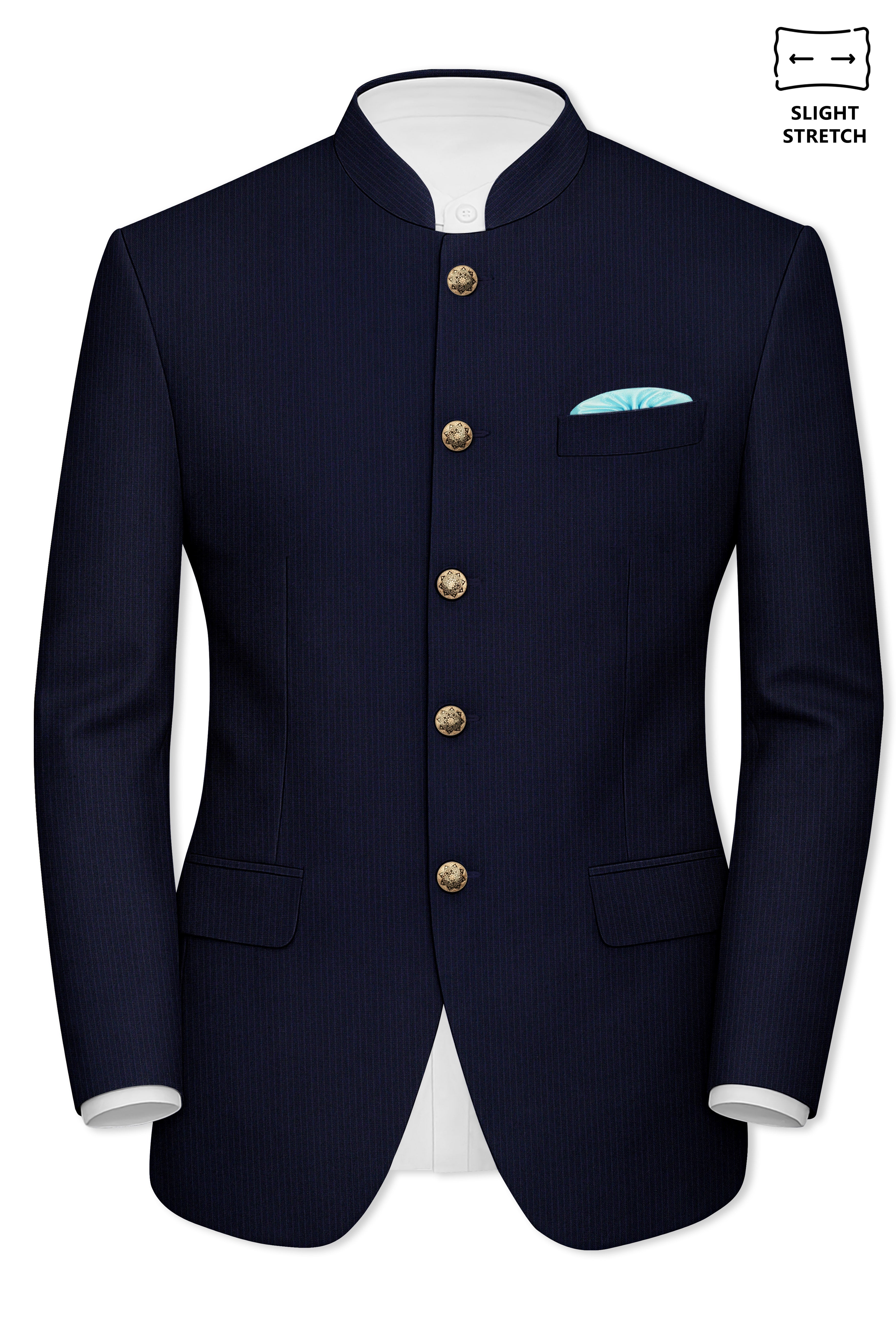 Elion-Bunker Blue Pencil Striped Wool Rich Bandhgala Slight Stretch Suit