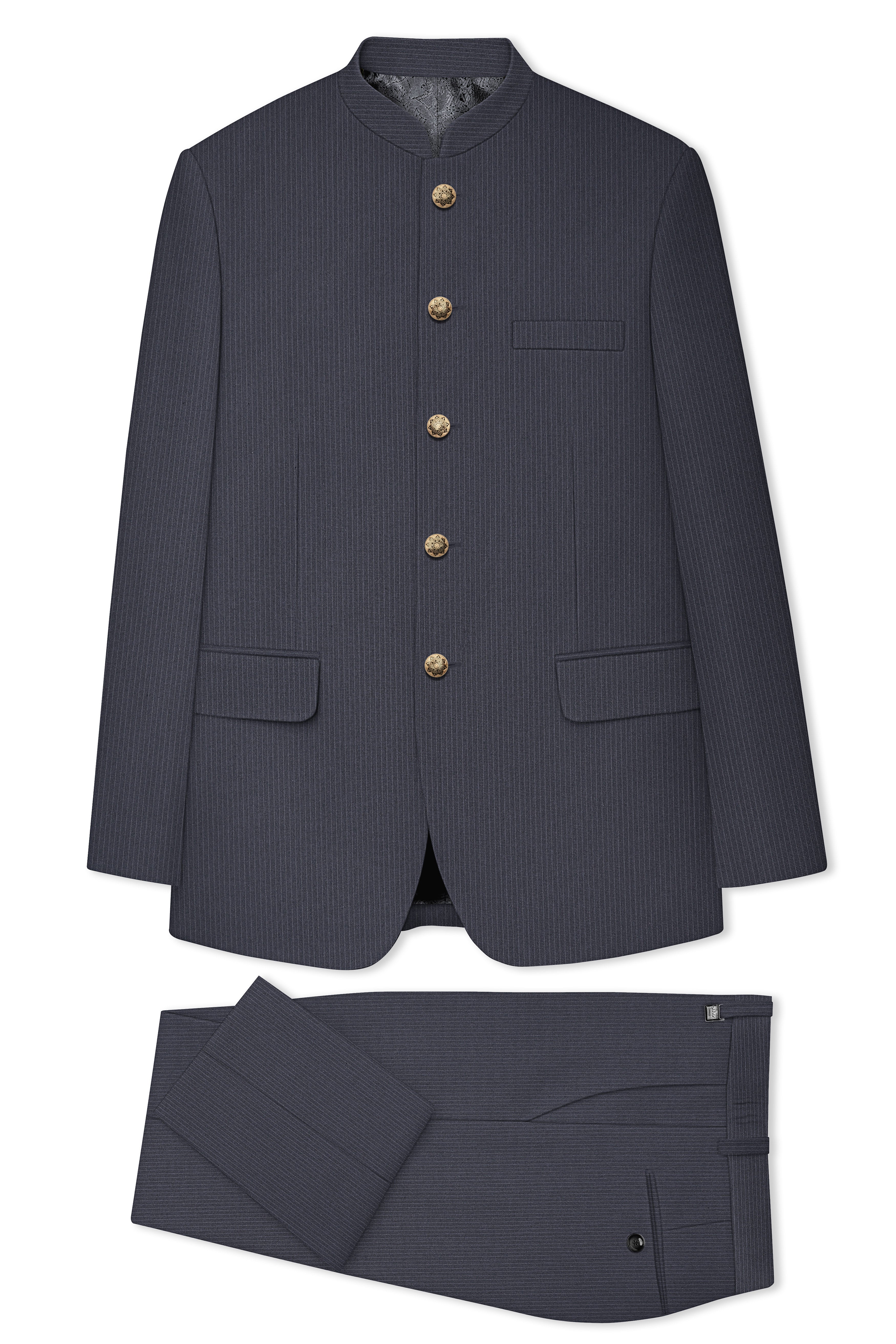 Monvex-Tuna Gray Pencil Striped Wool Rich Bandhgala Slight Stretch Suit