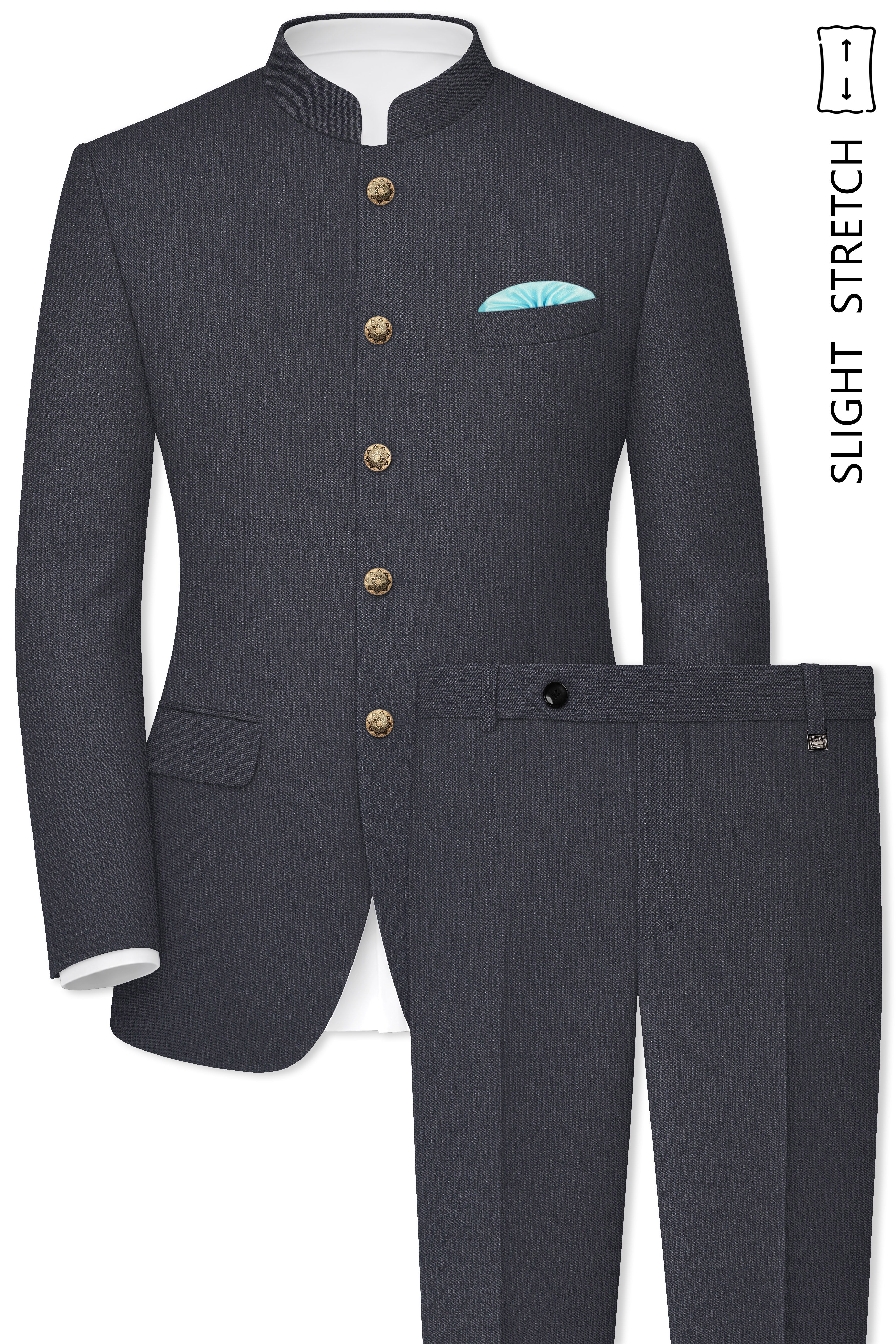 Monvex-Tuna Gray Pencil Striped Wool Rich Bandhgala Slight Stretch Suit