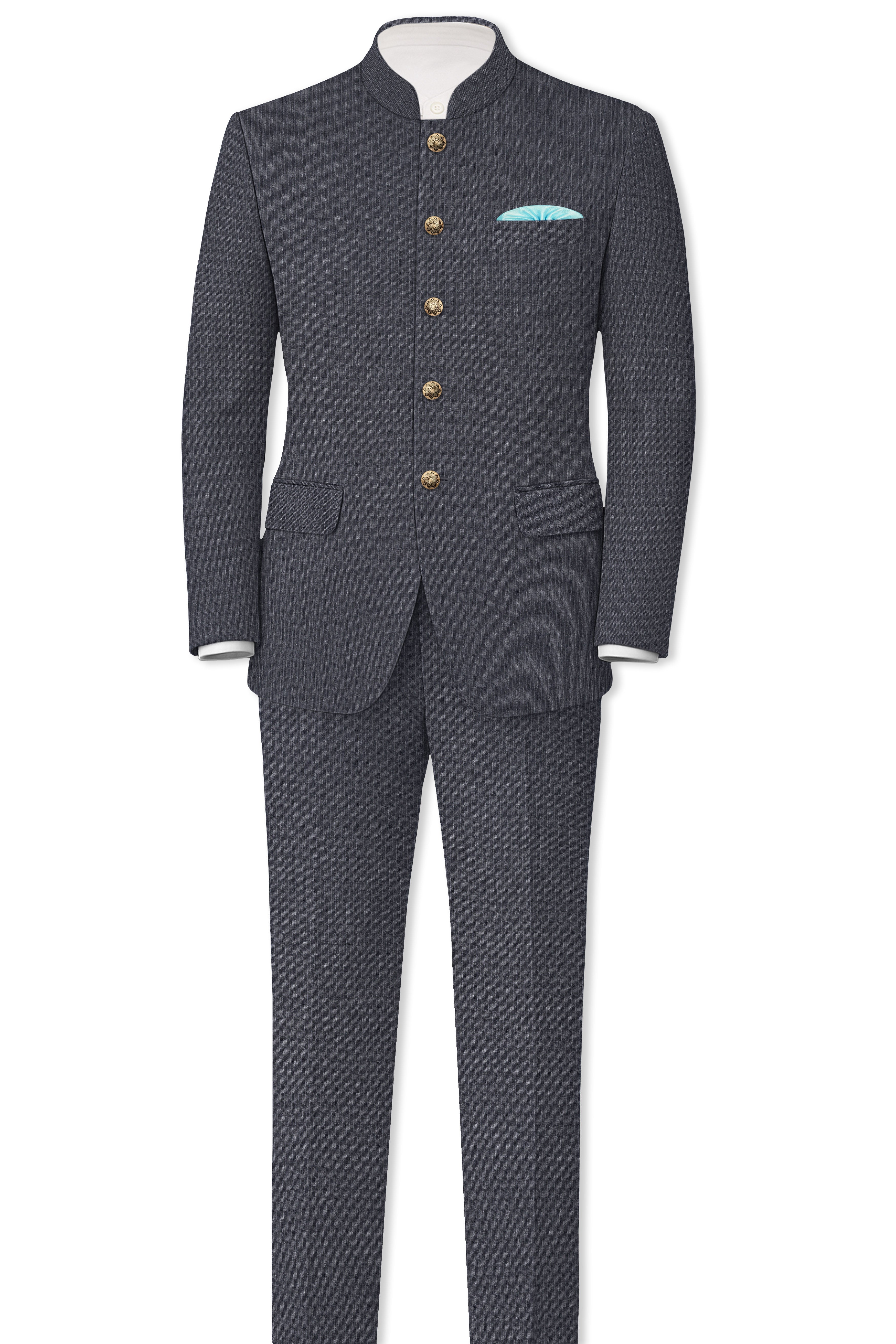 Monvex-Tuna Gray Pencil Striped Wool Rich Bandhgala Slight Stretch Suit