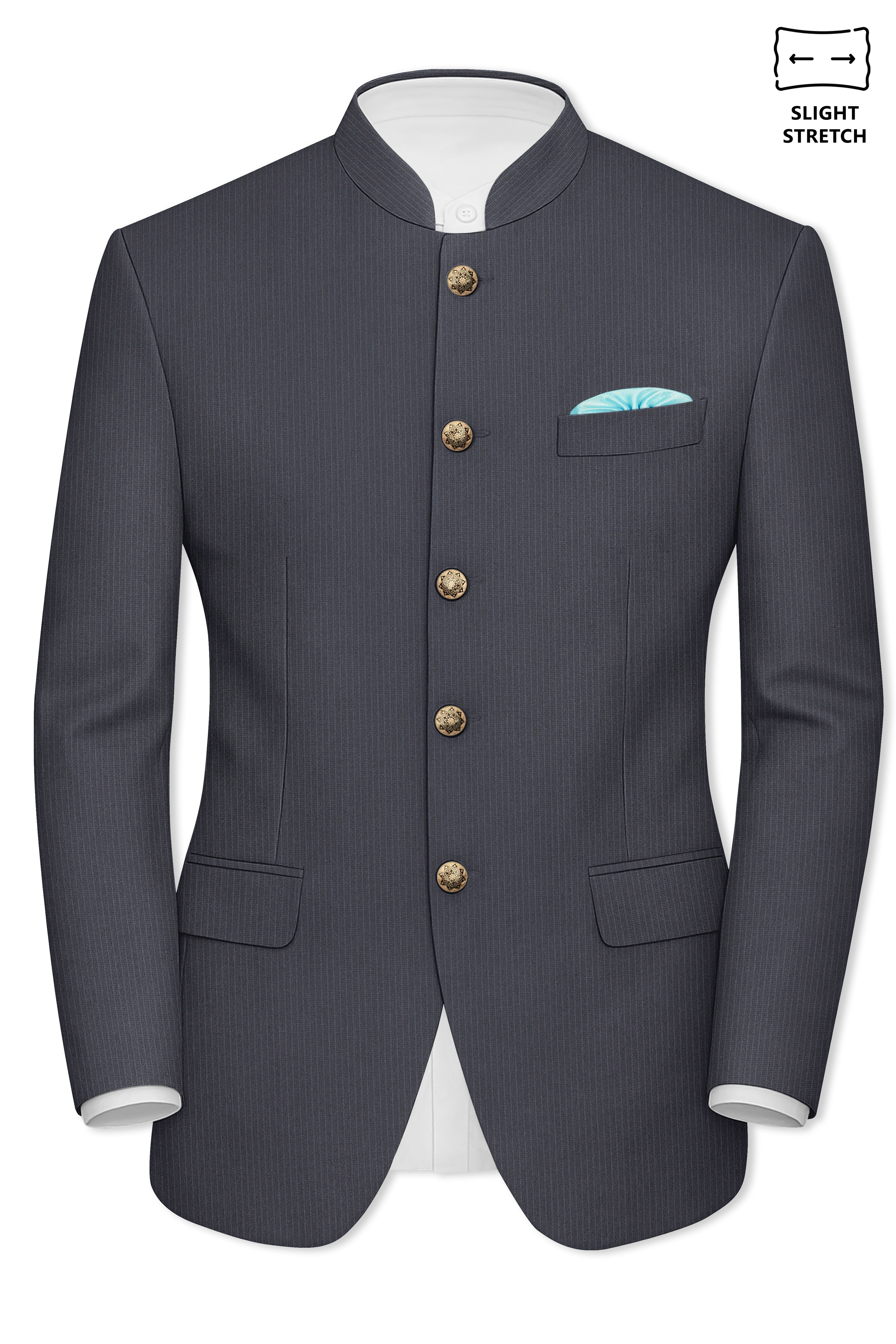 Monvex-Tuna Gray Pencil Striped Wool Rich Bandhgala Slight Stretch Suit