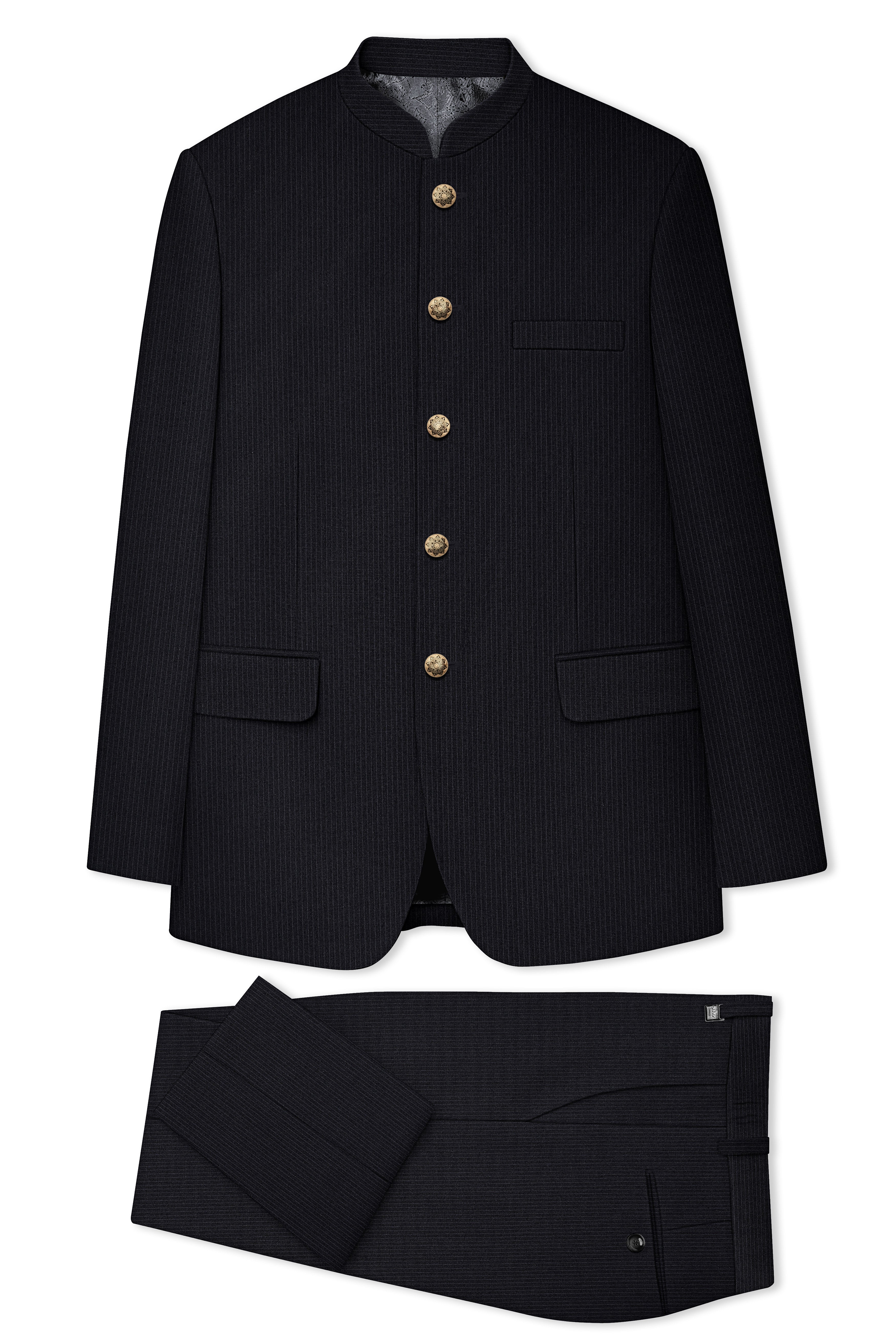 Noir-Jade Black Pencil Striped Wool Rich Bandhgala Slight Stretch Suit