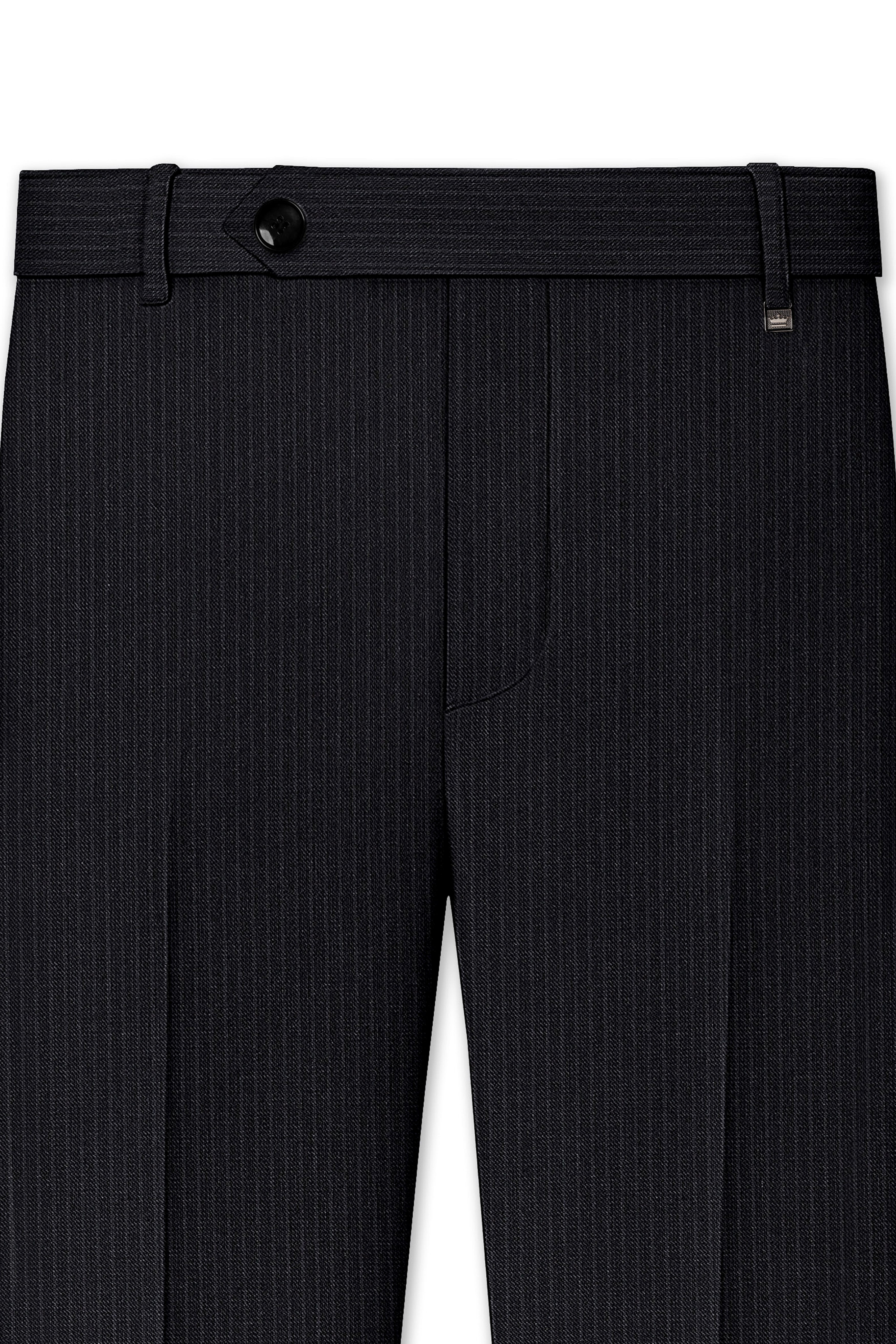 Noir-Jade Black Pencil Striped Wool Rich Bandhgala Slight Stretch Suit