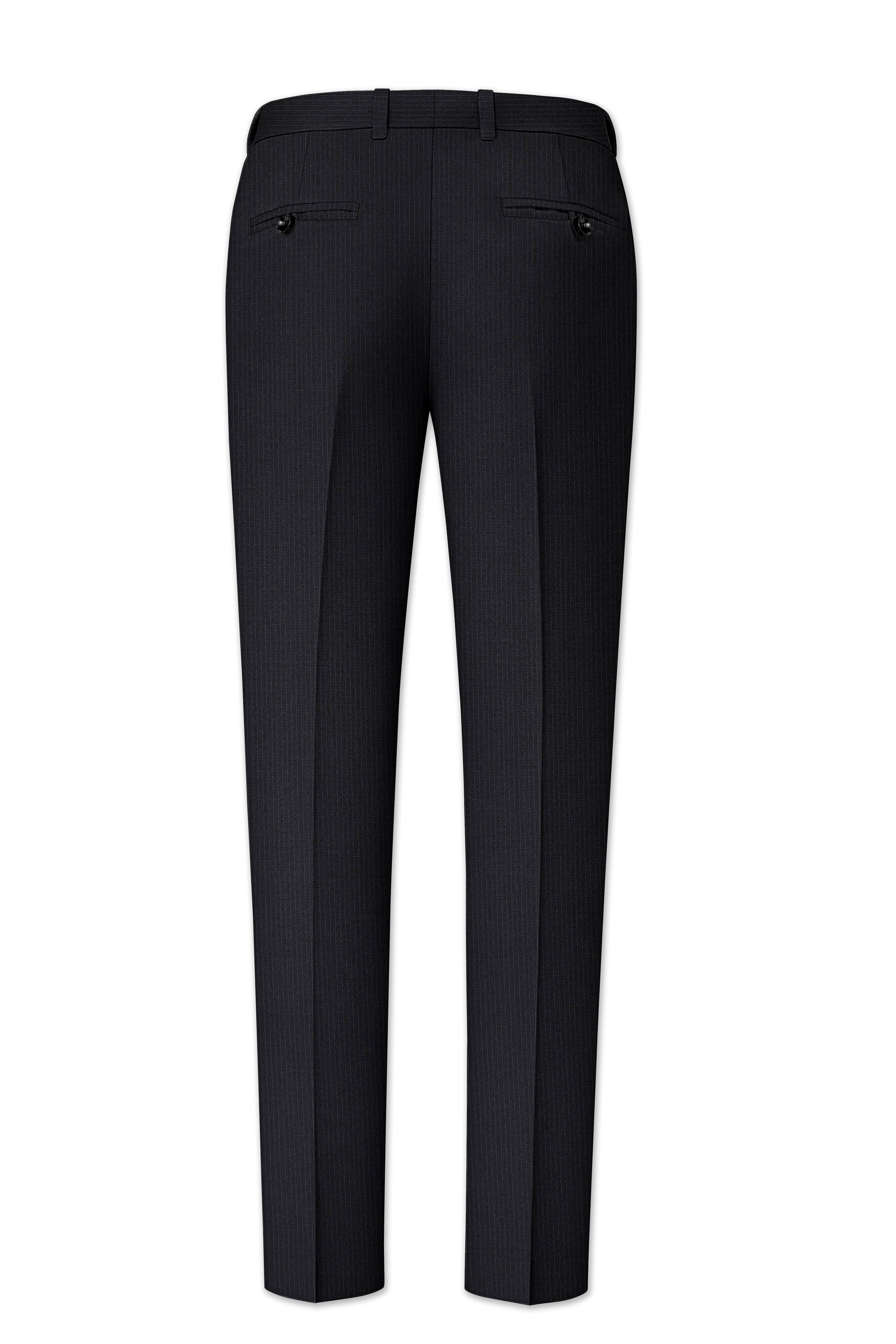 Noir-Jade Black Pencil Striped Wool Rich Bandhgala Slight Stretch Suit