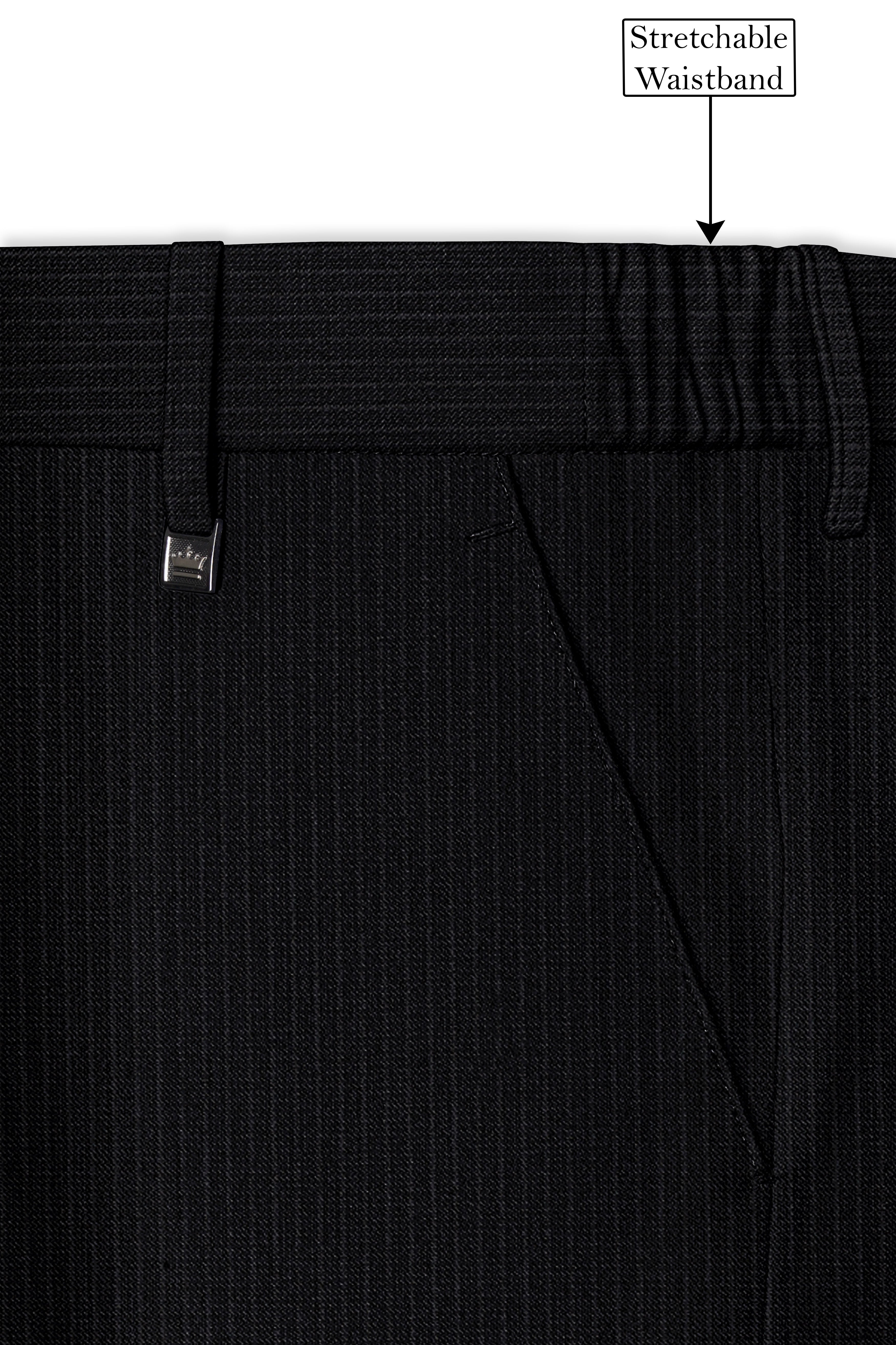 Noir-Jade Black Pencil Striped Wool Rich Bandhgala Slight Stretch Suit