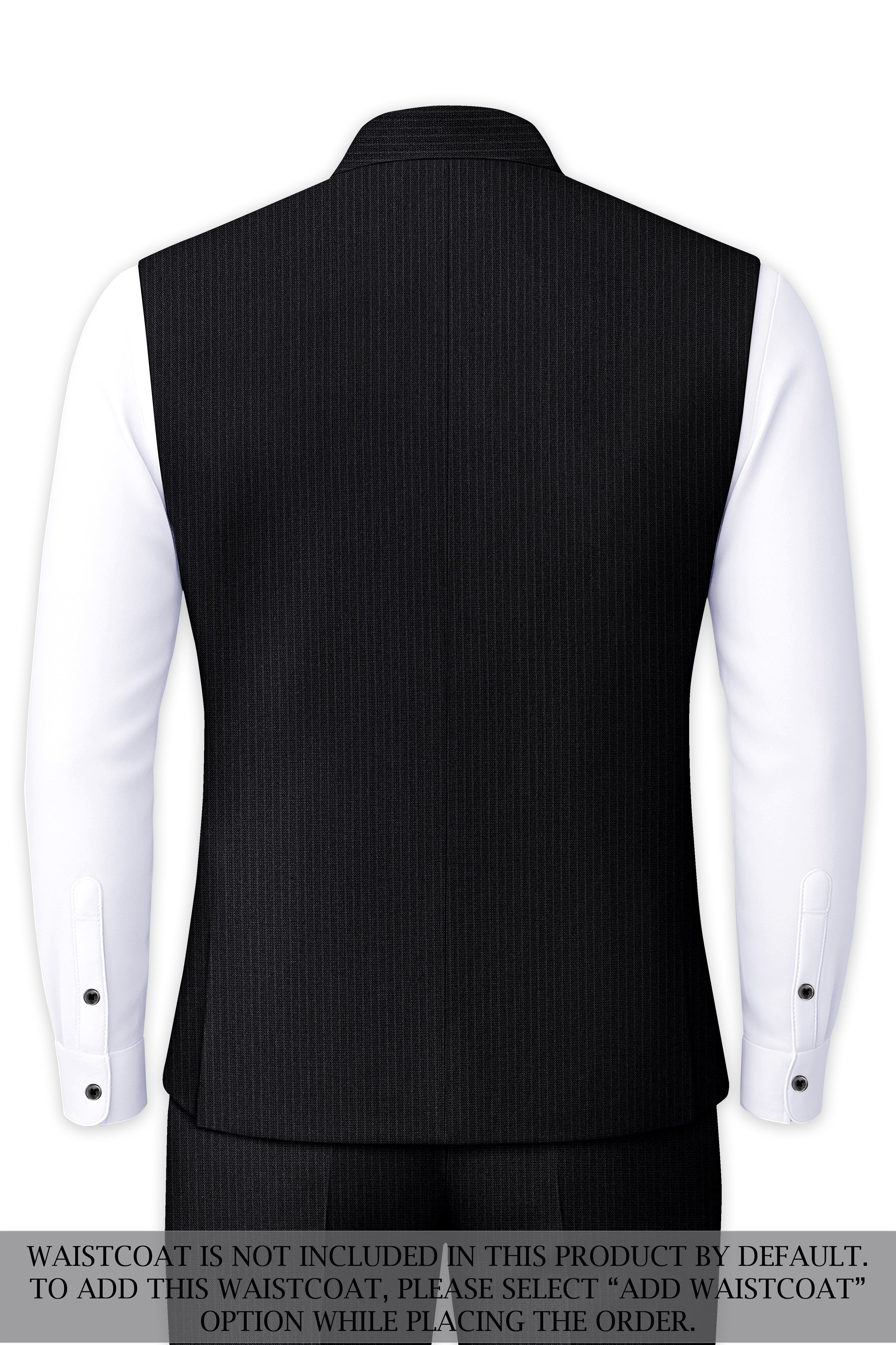 Noir-Jade Black Pencil Striped Wool Rich Bandhgala Slight Stretch Suit