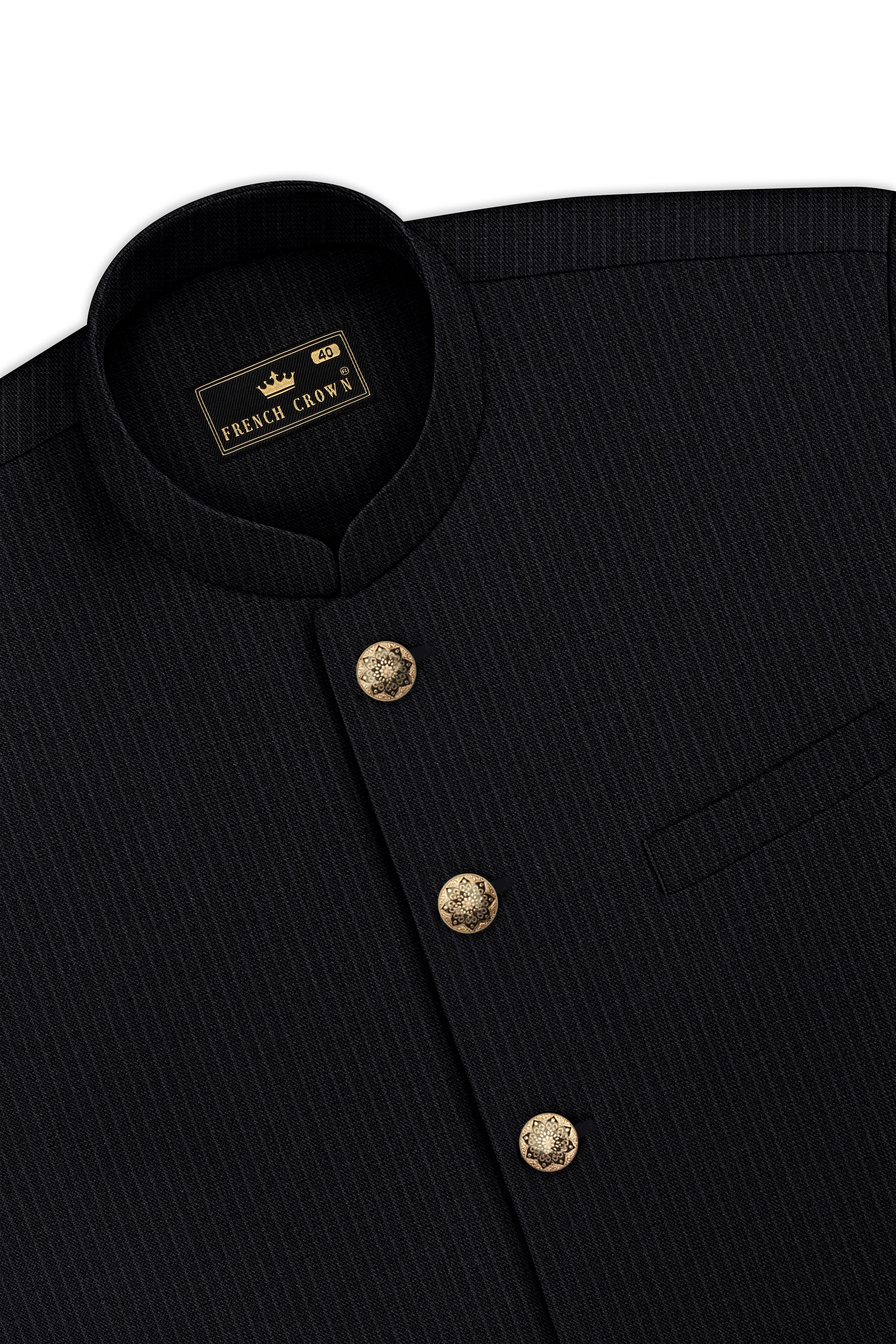 Noir-Jade Black Pencil Striped Wool Rich Bandhgala Slight Stretch Suit