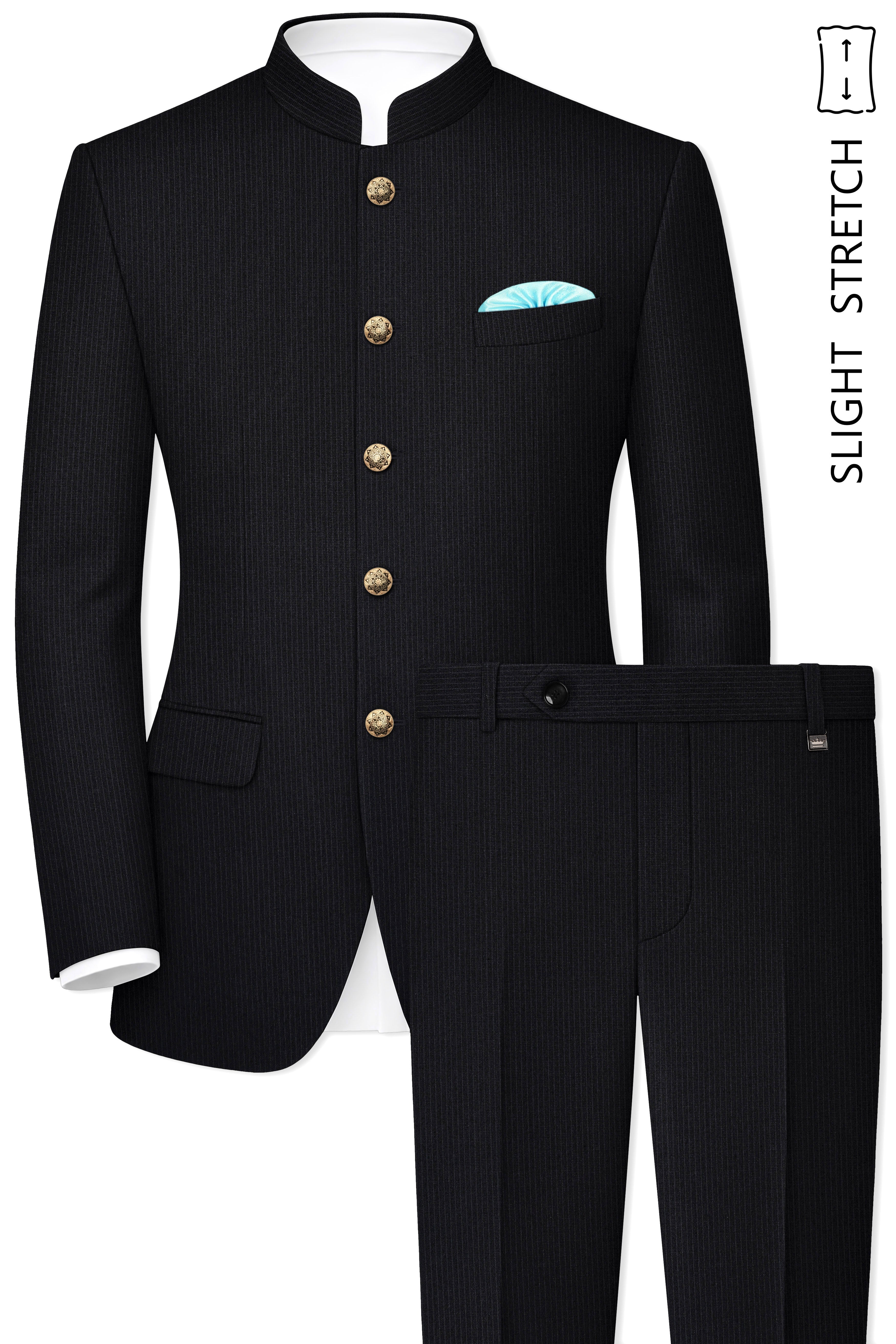 Noir-Jade Black Pencil Striped Wool Rich Bandhgala Slight Stretch Suit