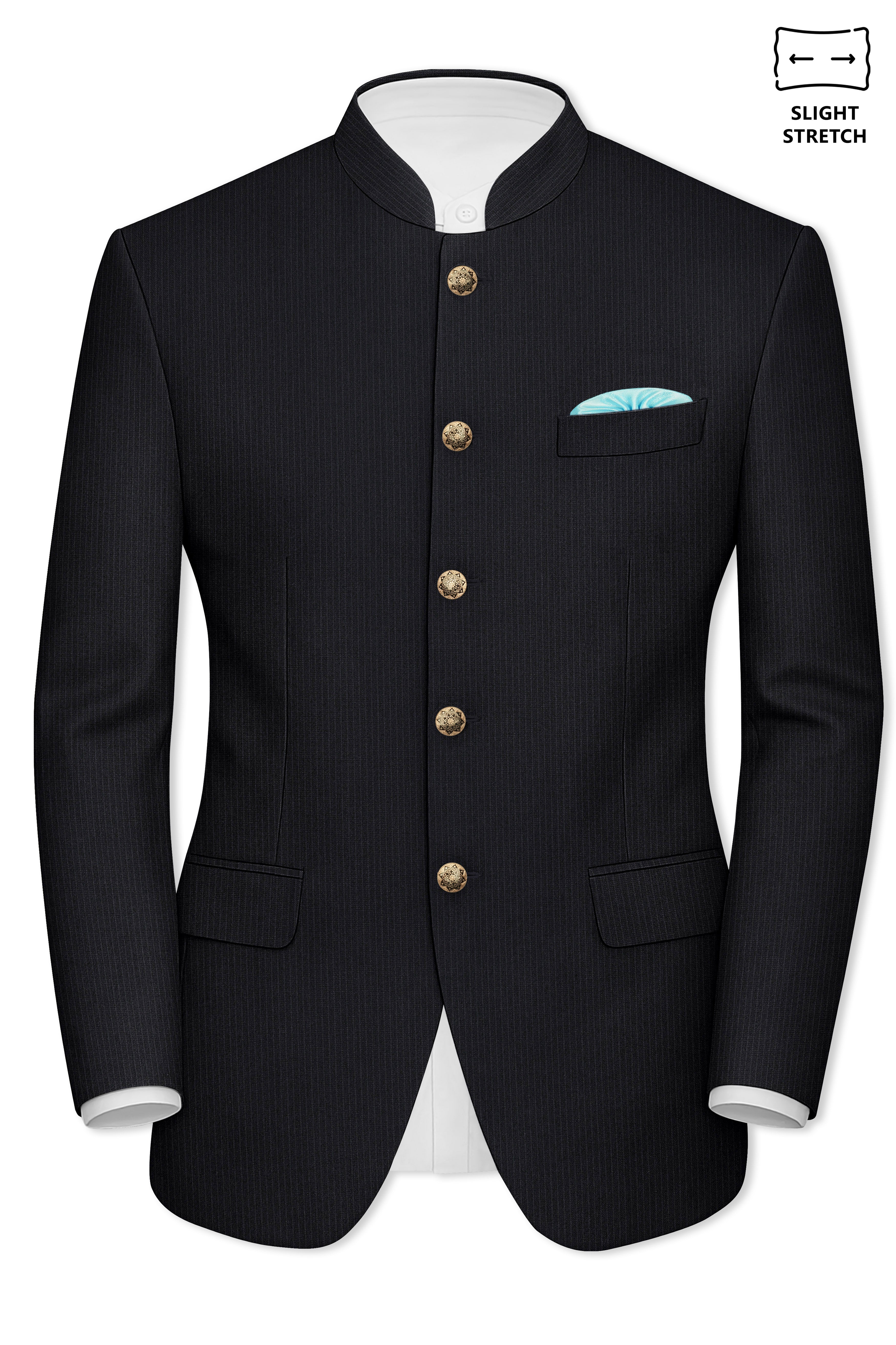 Noir-Jade Black Pencil Striped Wool Rich Bandhgala Slight Stretch Suit