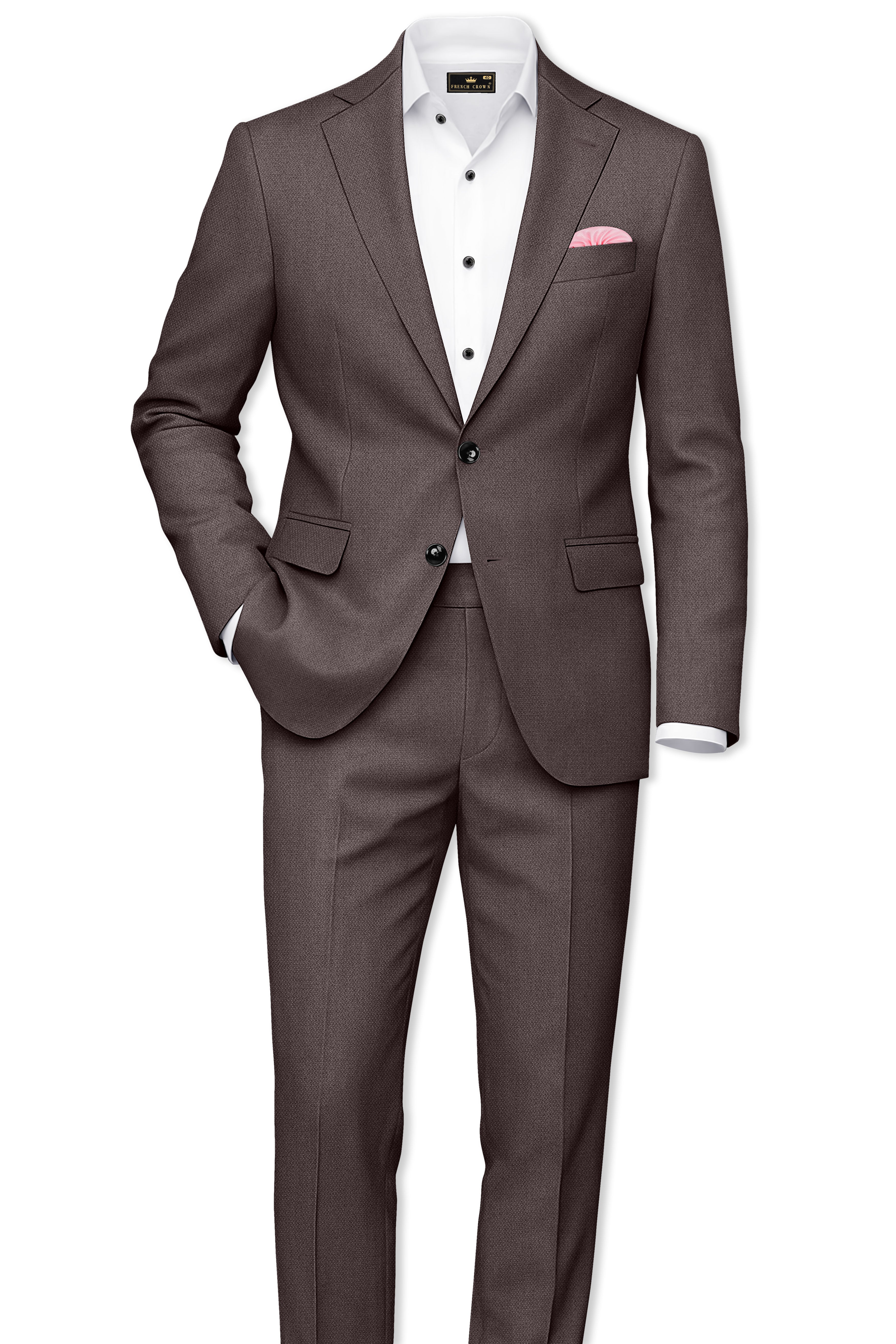 Estate-Fuscous Brown Diamond Textured Wool Rich Slight Stretch Single Breasted Suit