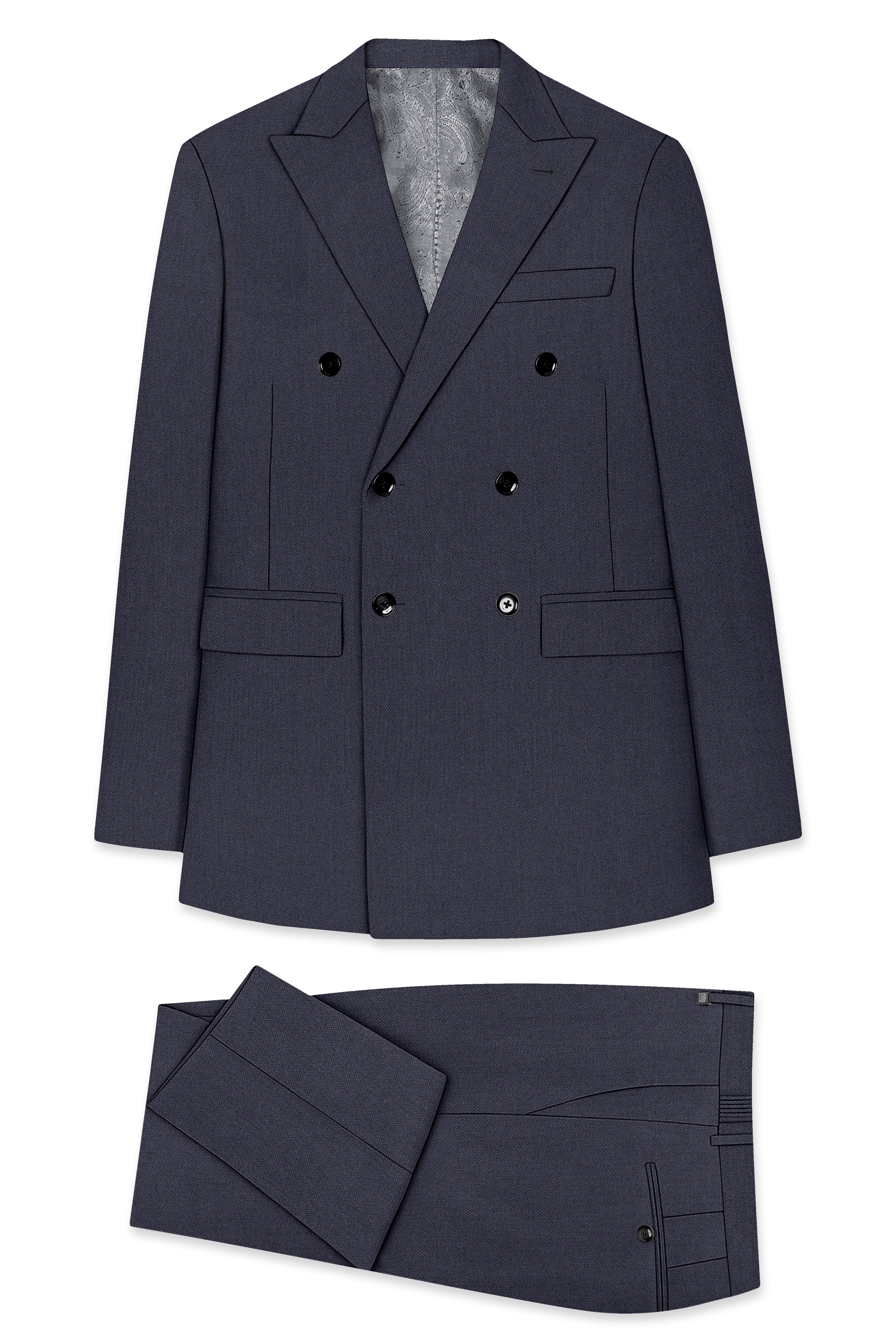 Obsidian-Paynes Gray Diamond Textured Wool Rich Slight Stretch Double Breasted Suit