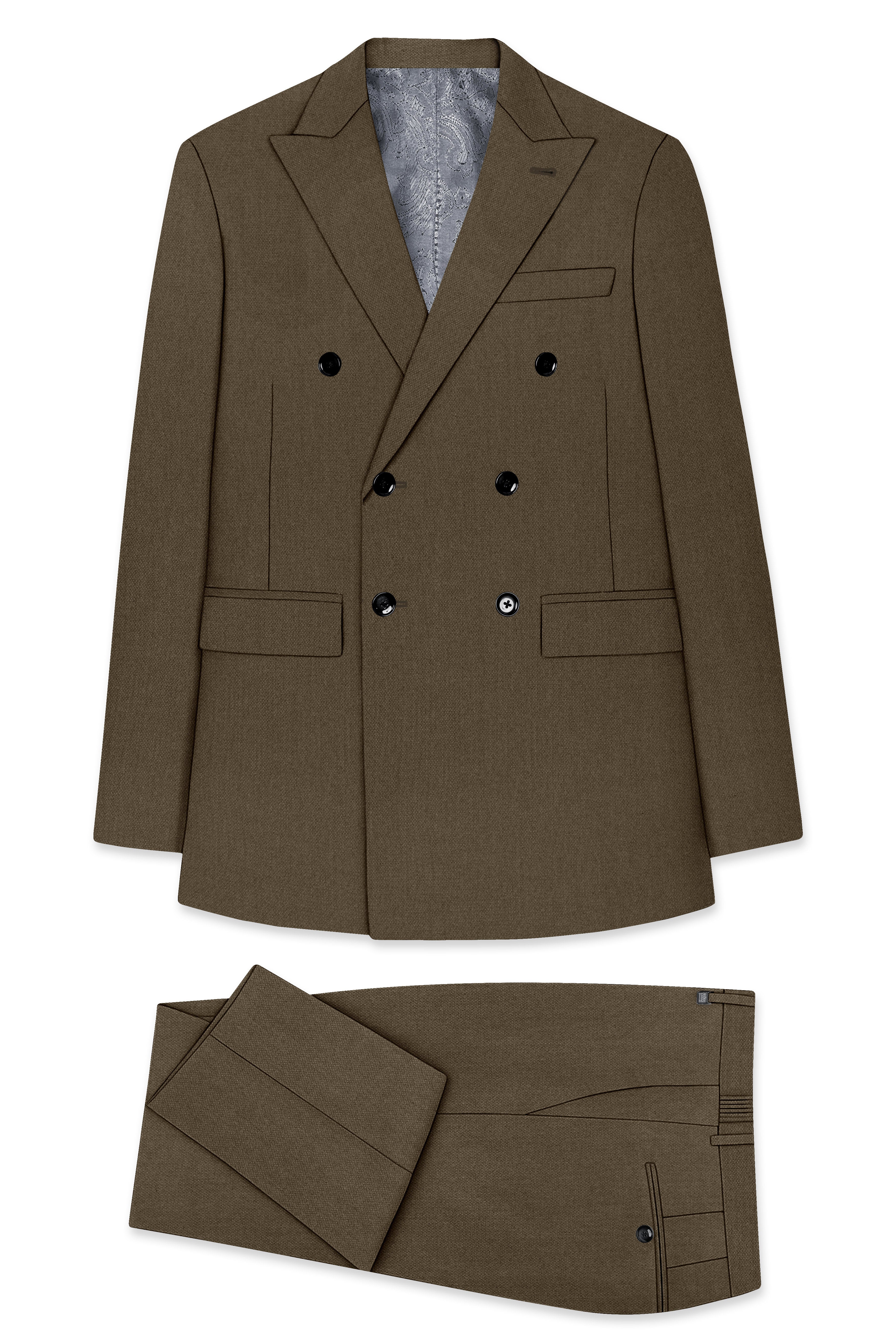 Vireo-Taupe Brown Diamond Textured Wool Rich Slight Stretch Double Breasted Suit