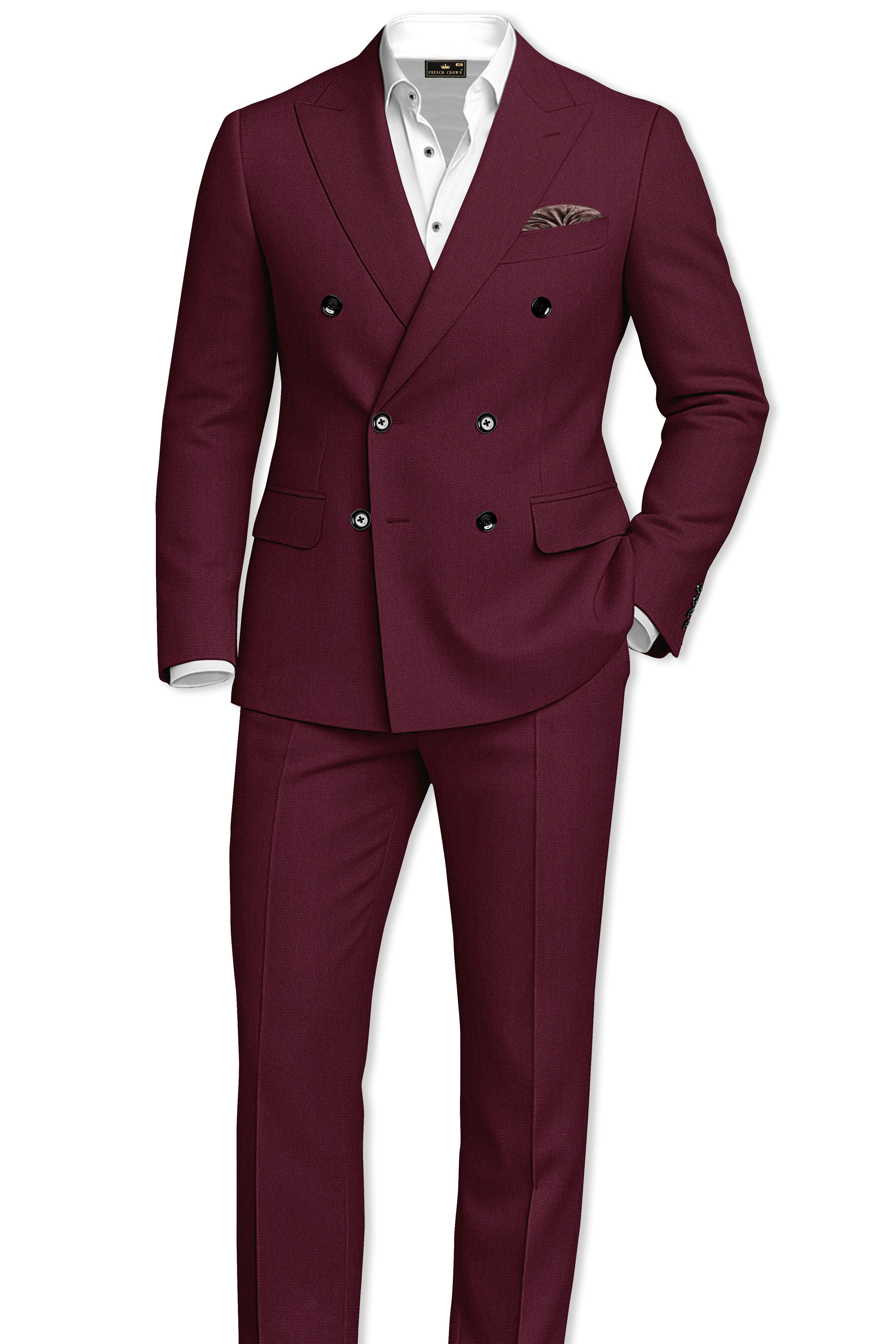 Imperial-Crater Maroon Diamond Textured Wool Rich Slight Stretch Double Breasted Suit