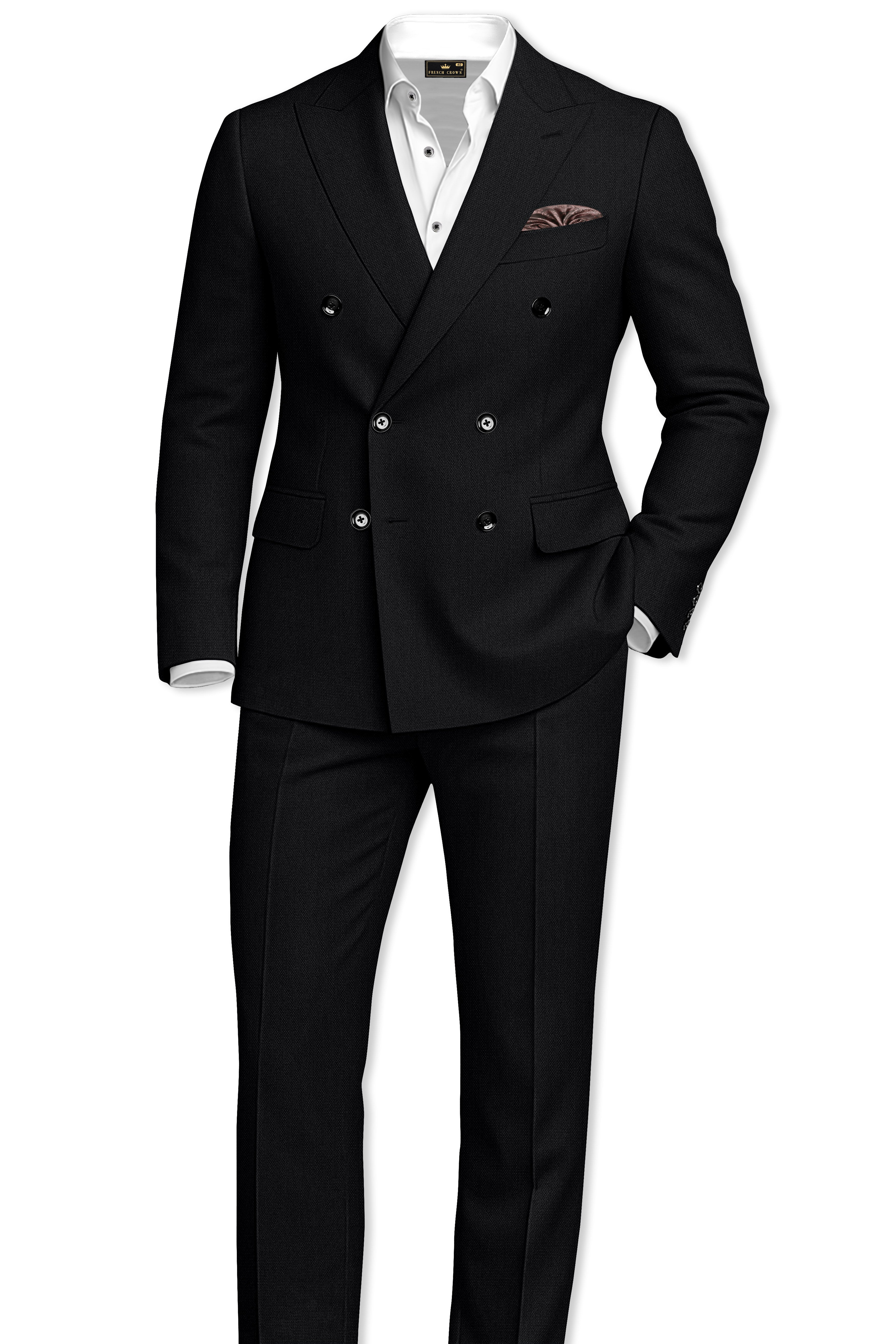 Regal-Jade Black Diamond Textured Wool Rich Slight Stretch Double Breasted Suit