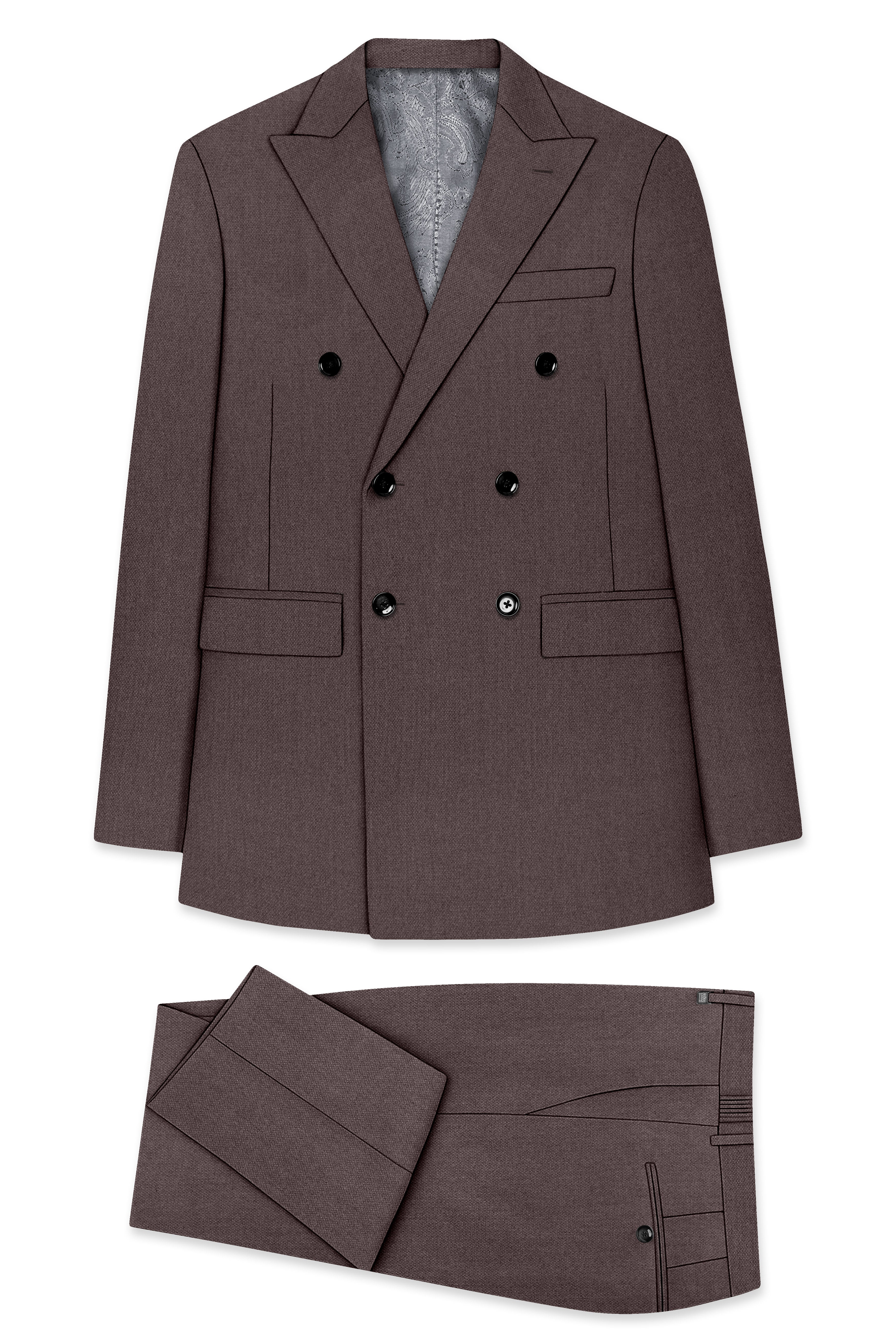 Estate-Fuscous Brown Diamond Textured Wool Rich Slight Stretch Double Breasted Suit