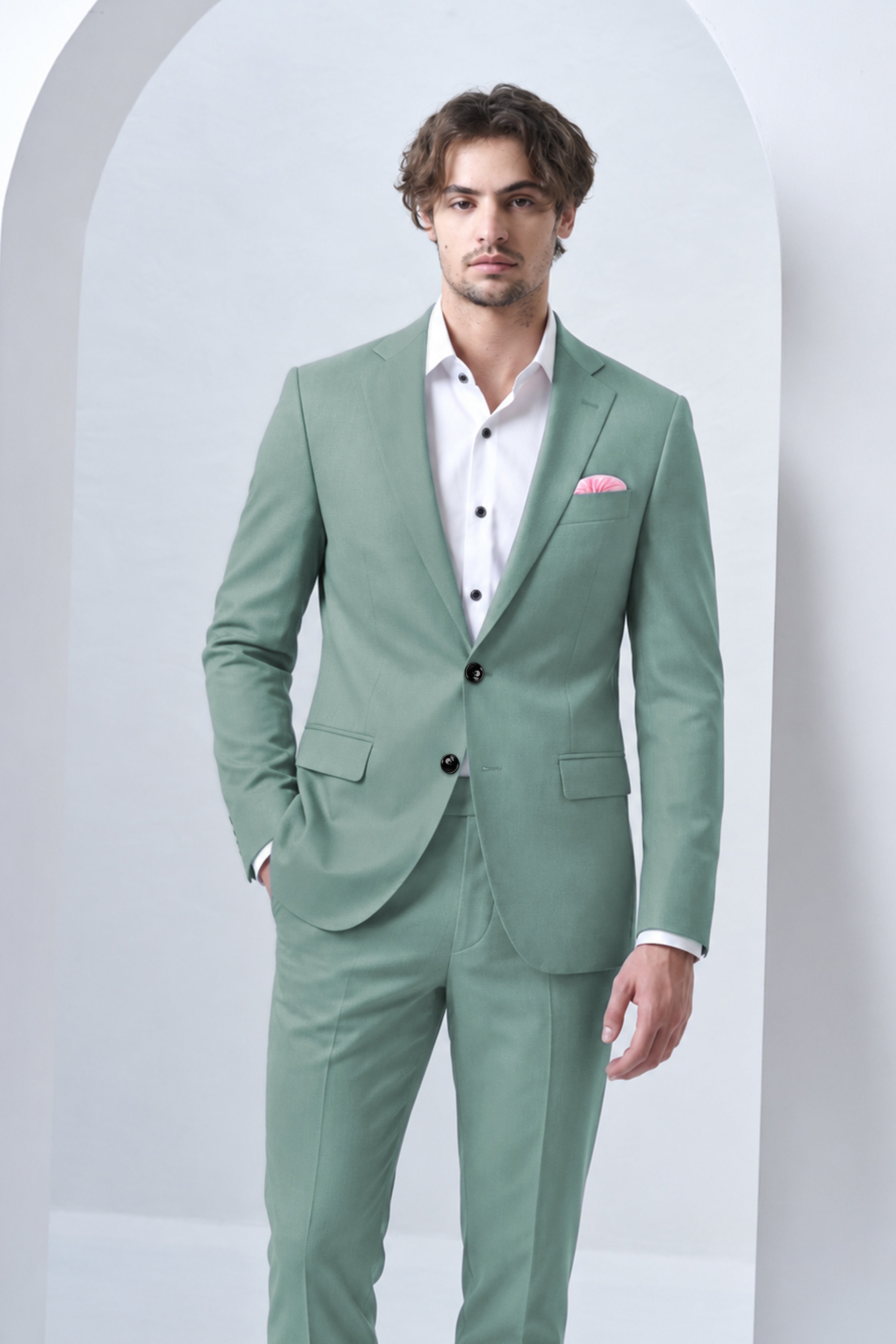 Verde-Korean Spanish Green 4-Way Stretch Wrinkle-Free Wool Rich Single Breasted Suit