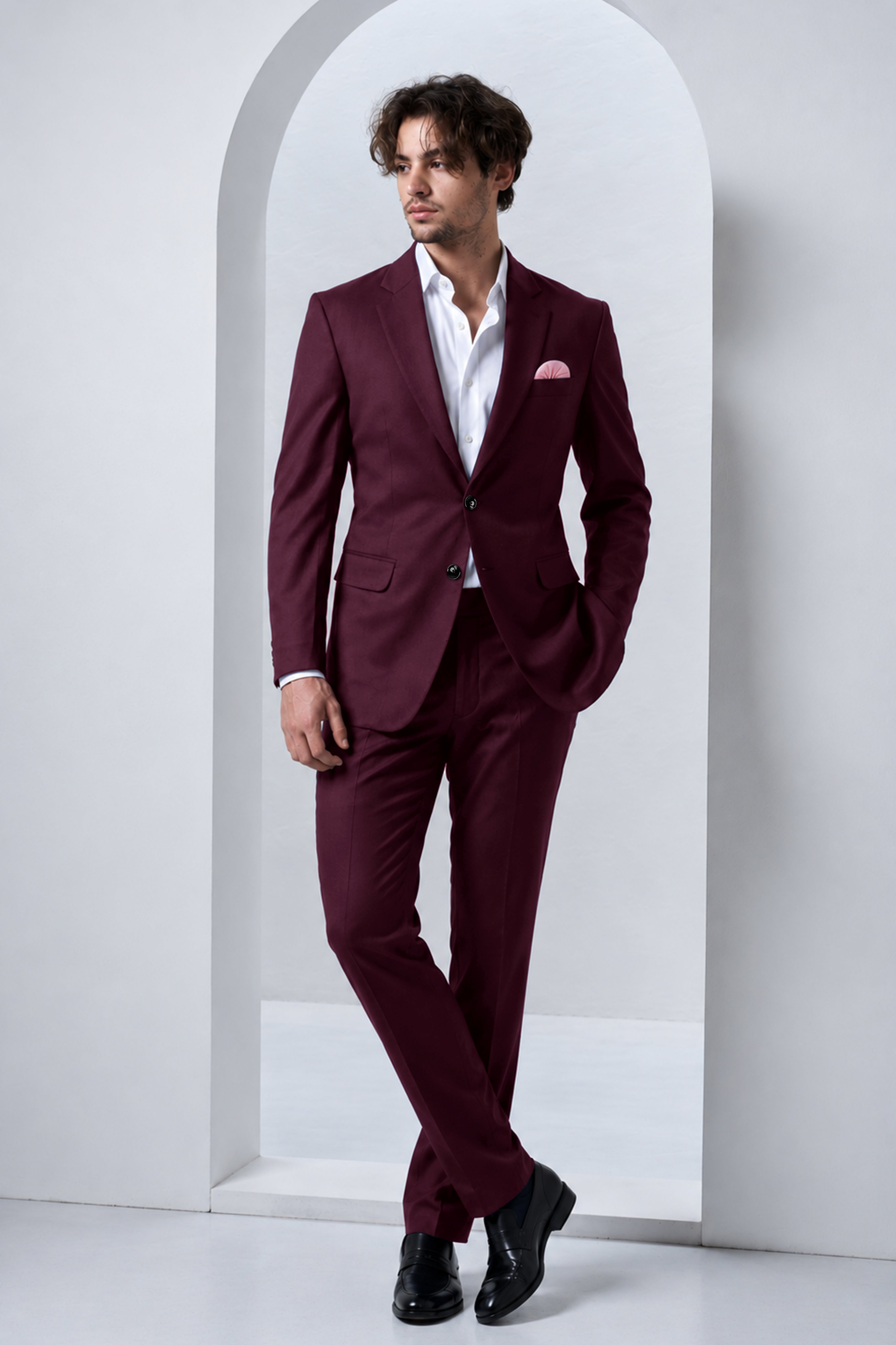 Veltrix-Korean Aubergine Maroon 4-Way Stretch Wrinkle-Free Wool Rich Single Breasted Suit