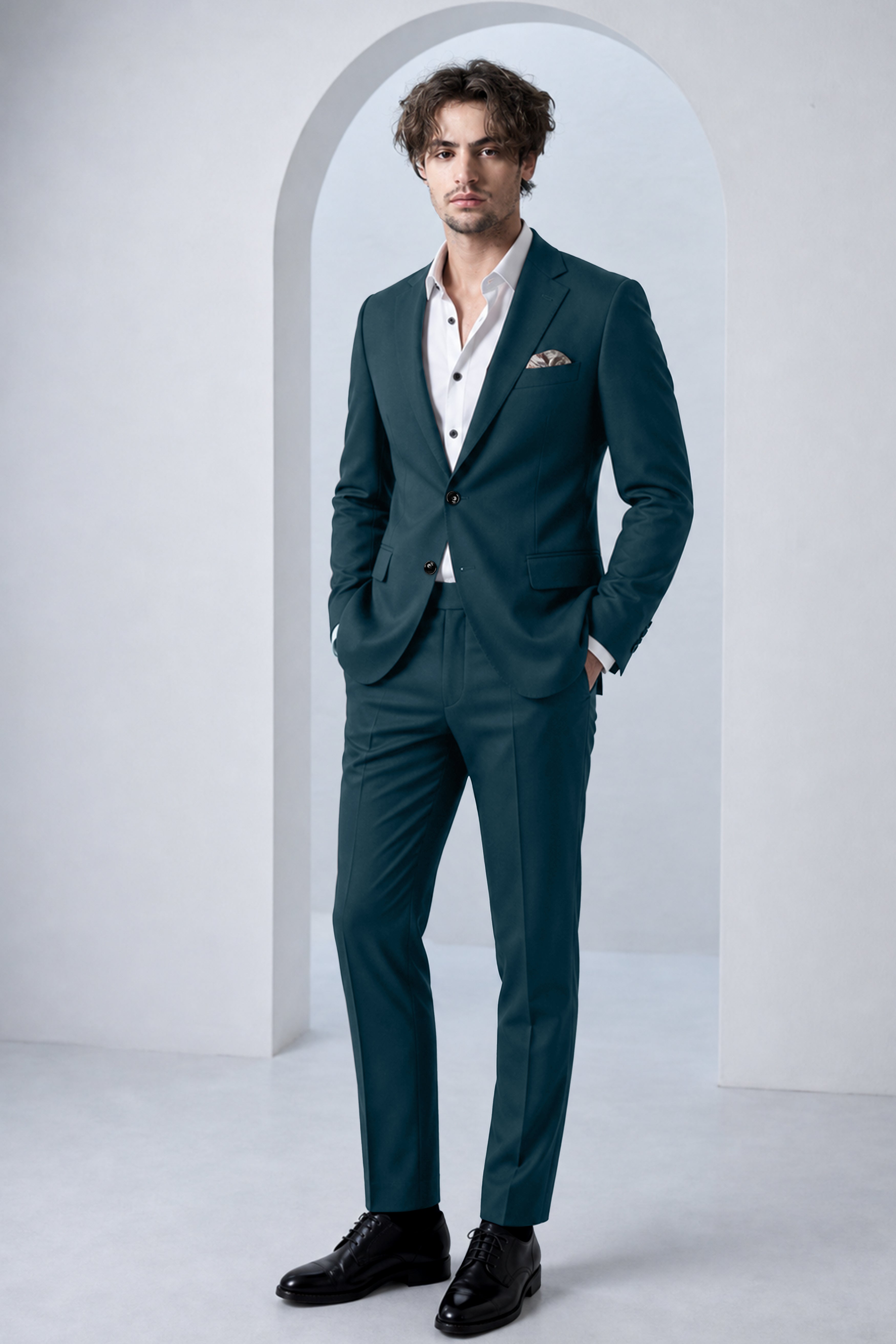 Navaro-Korean Gable Blue 4-Way Stretch Wrinkle-Free Wool Rich Single Breasted Suit